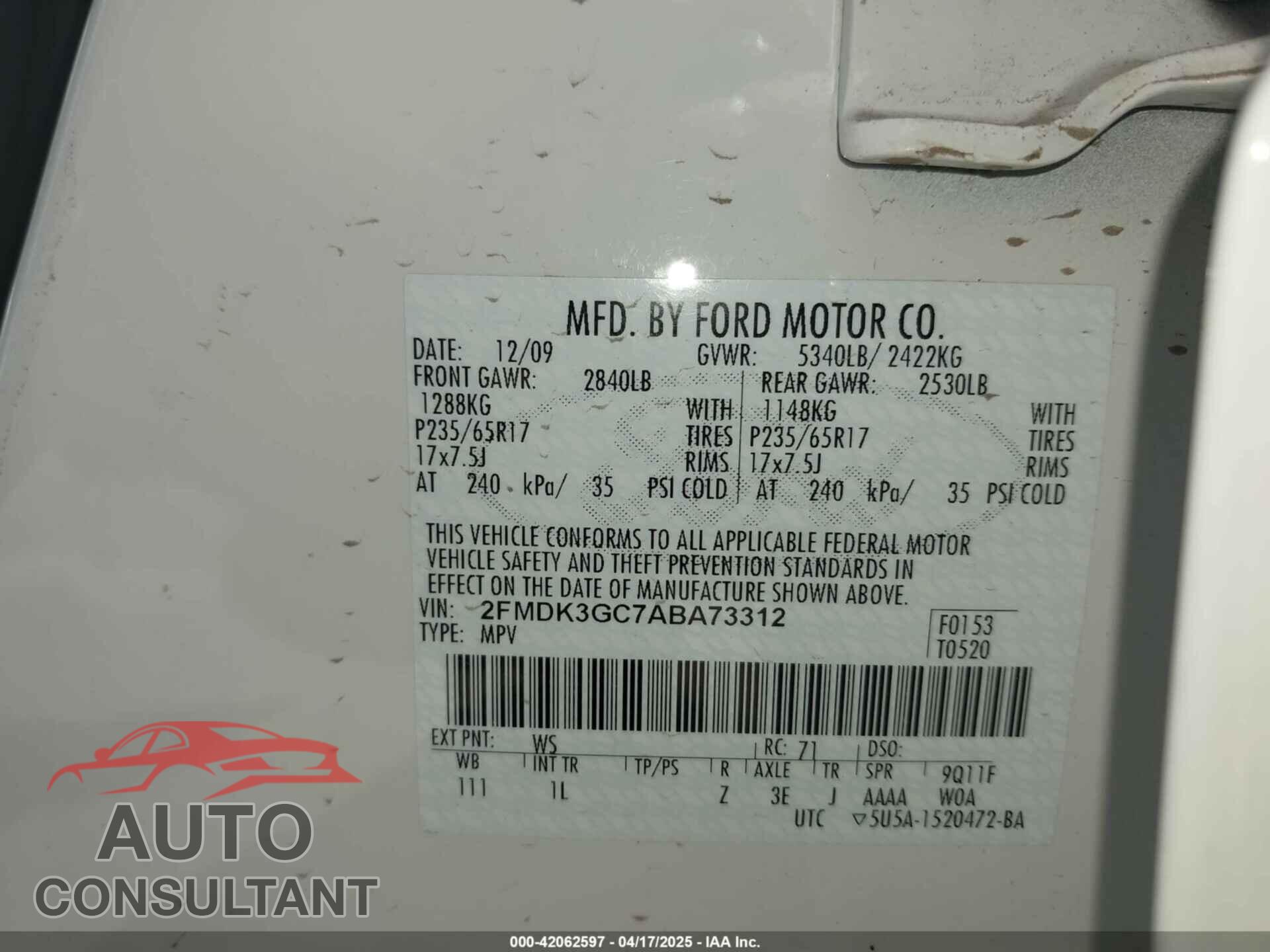 FORD EDGE 2010 - 2FMDK3GC7ABA73312