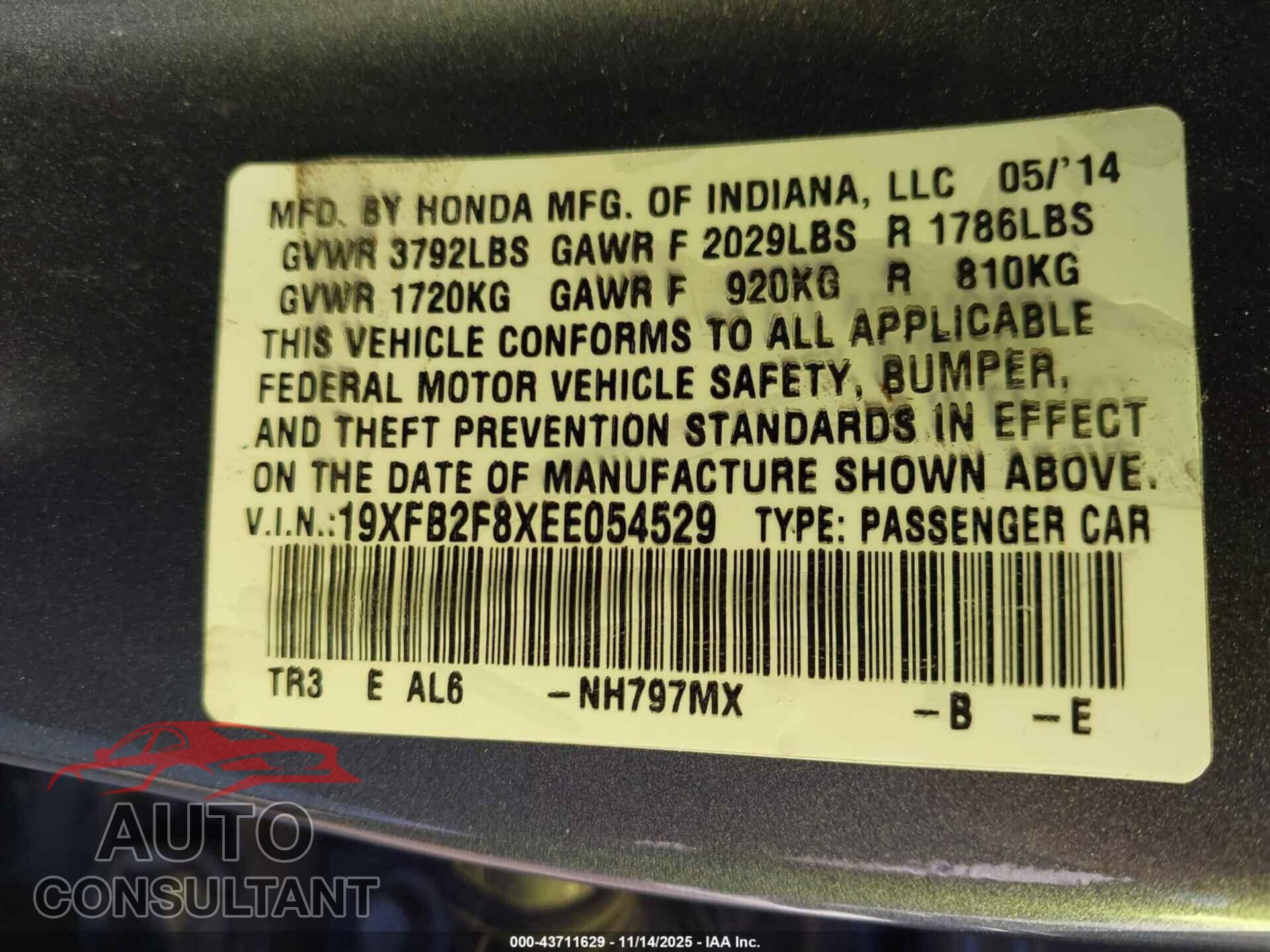 HONDA CIVIC 2014 - 19XFB2F8XEE054529