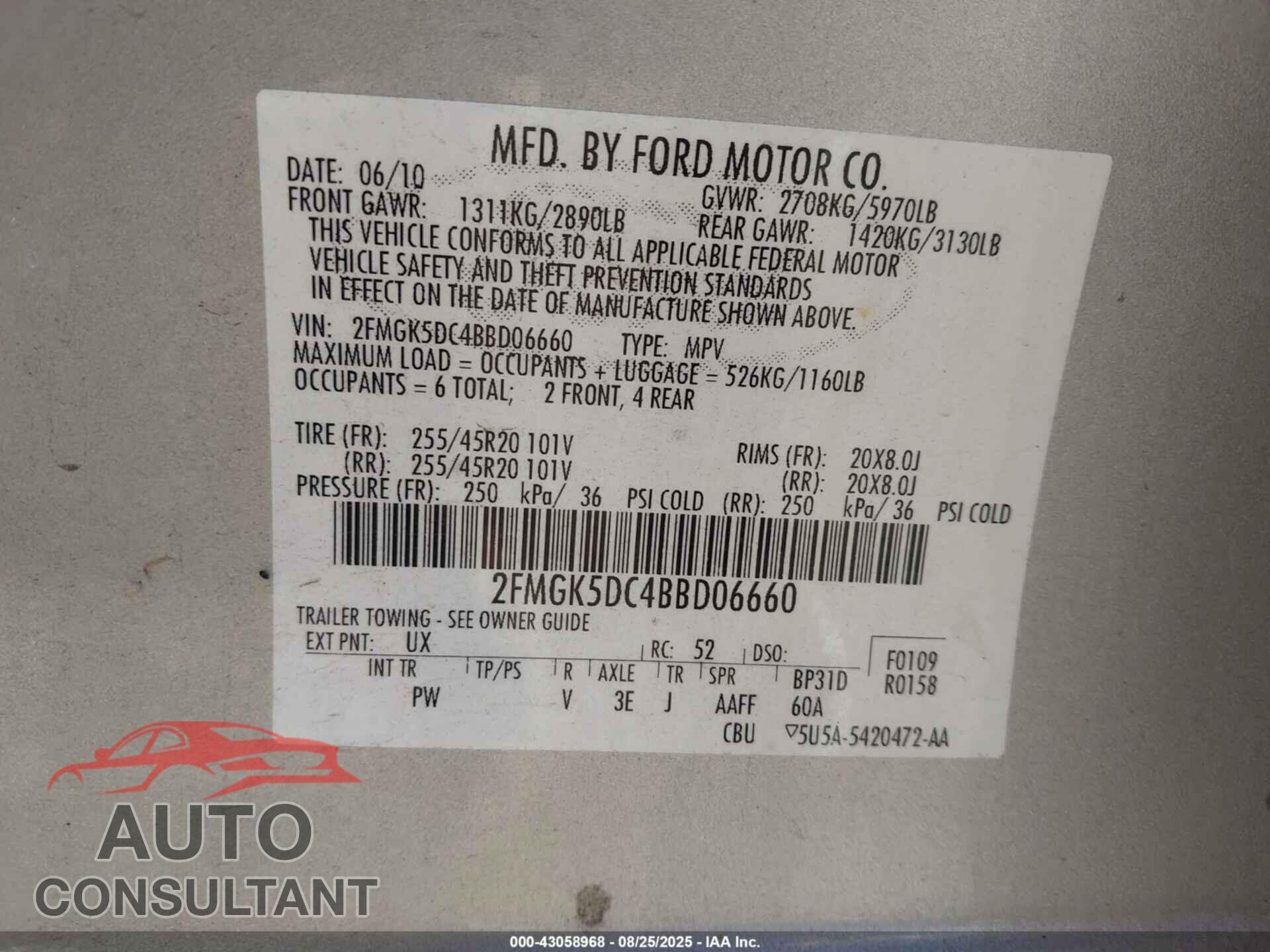 FORD FLEX 2011 - 2FMGK5DC4BBD06660