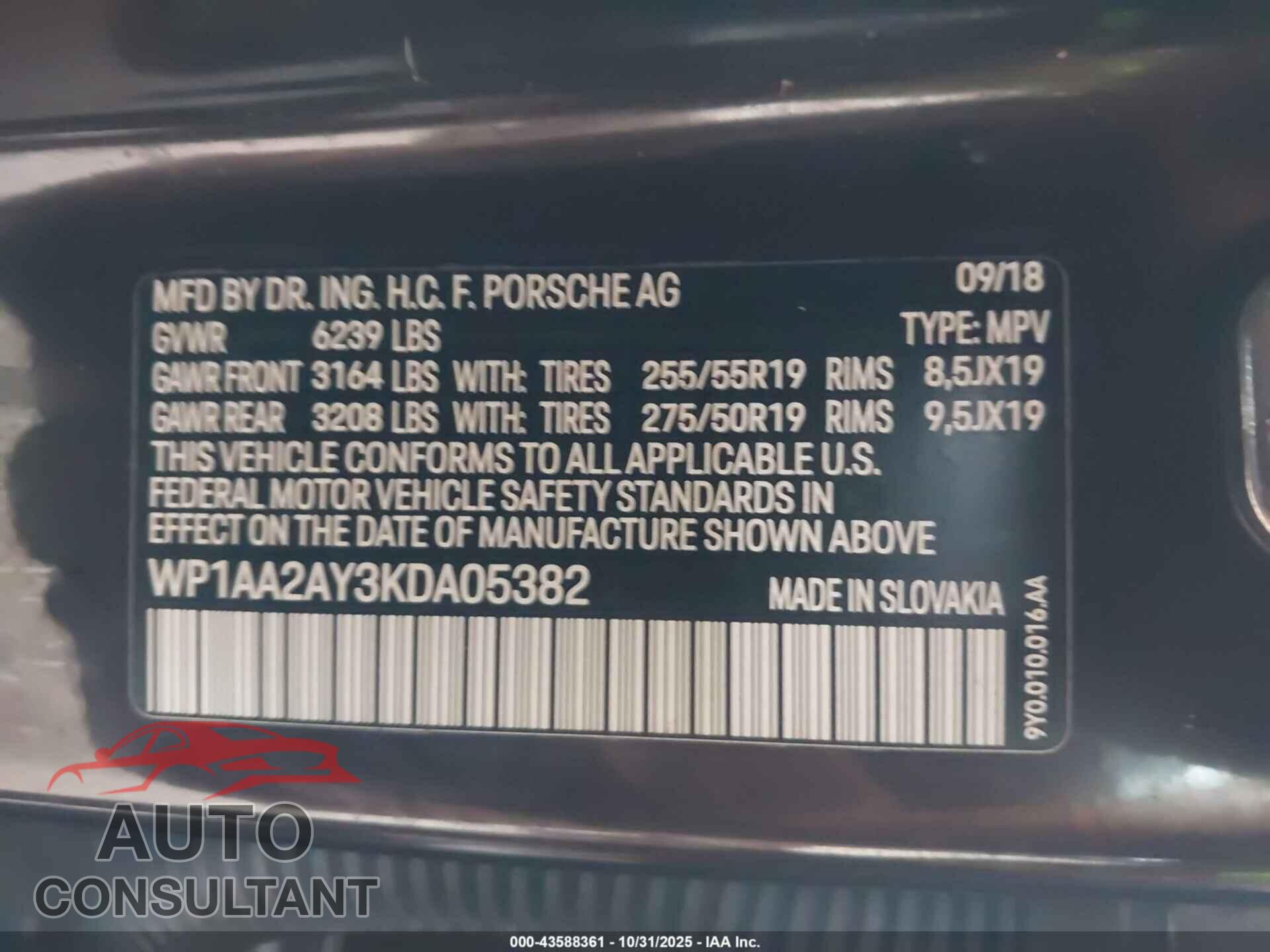 PORSCHE CAYENNE 2019 - WP1AA2AY3KDA05382