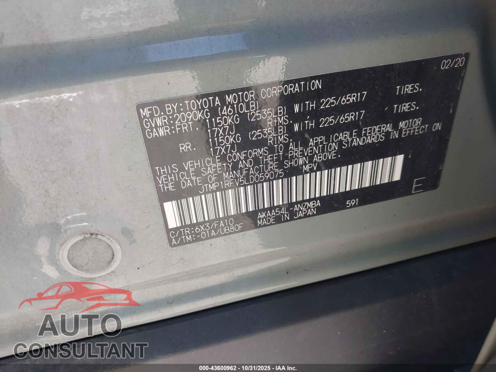 TOYOTA RAV4 2020 - JTMP1RFV5LD059075