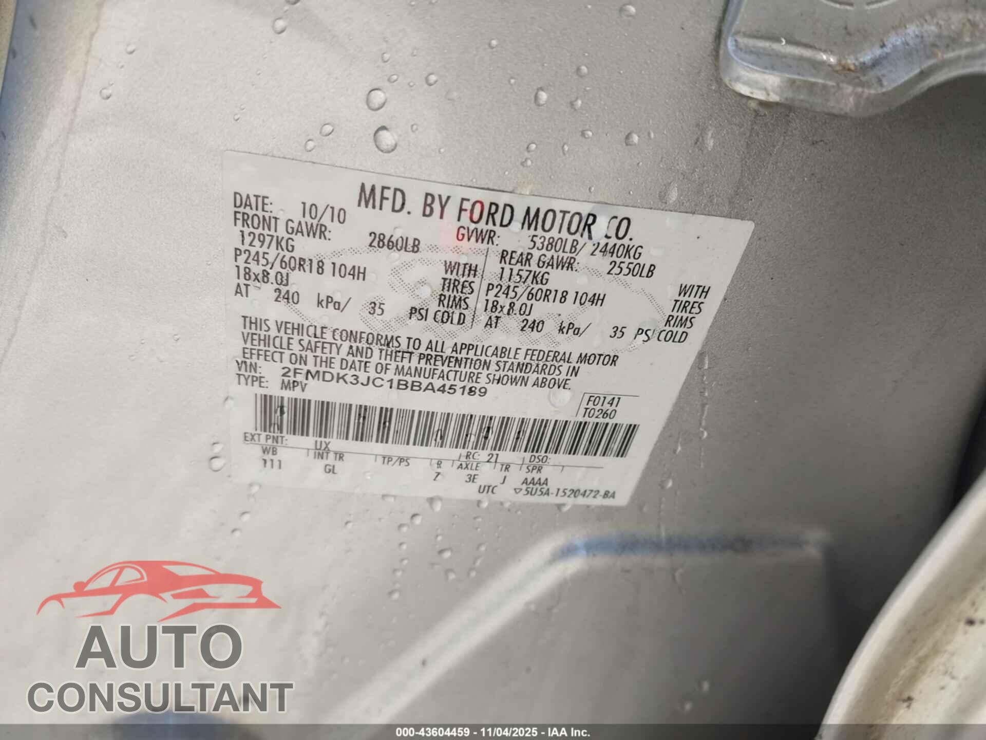 FORD EDGE 2011 - 2FMDK3JC1BBA45189