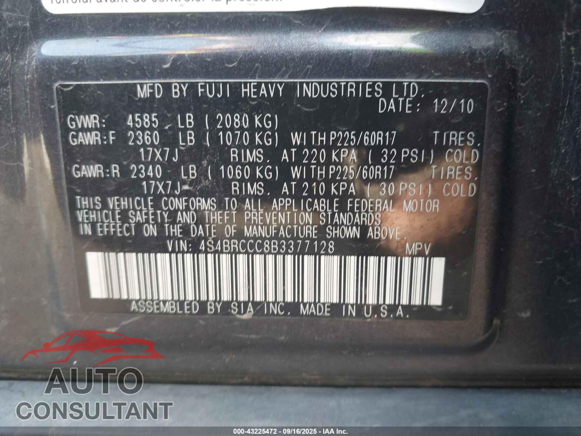 SUBARU OUTBACK 2011 - 4S4BRCCC8B3377128