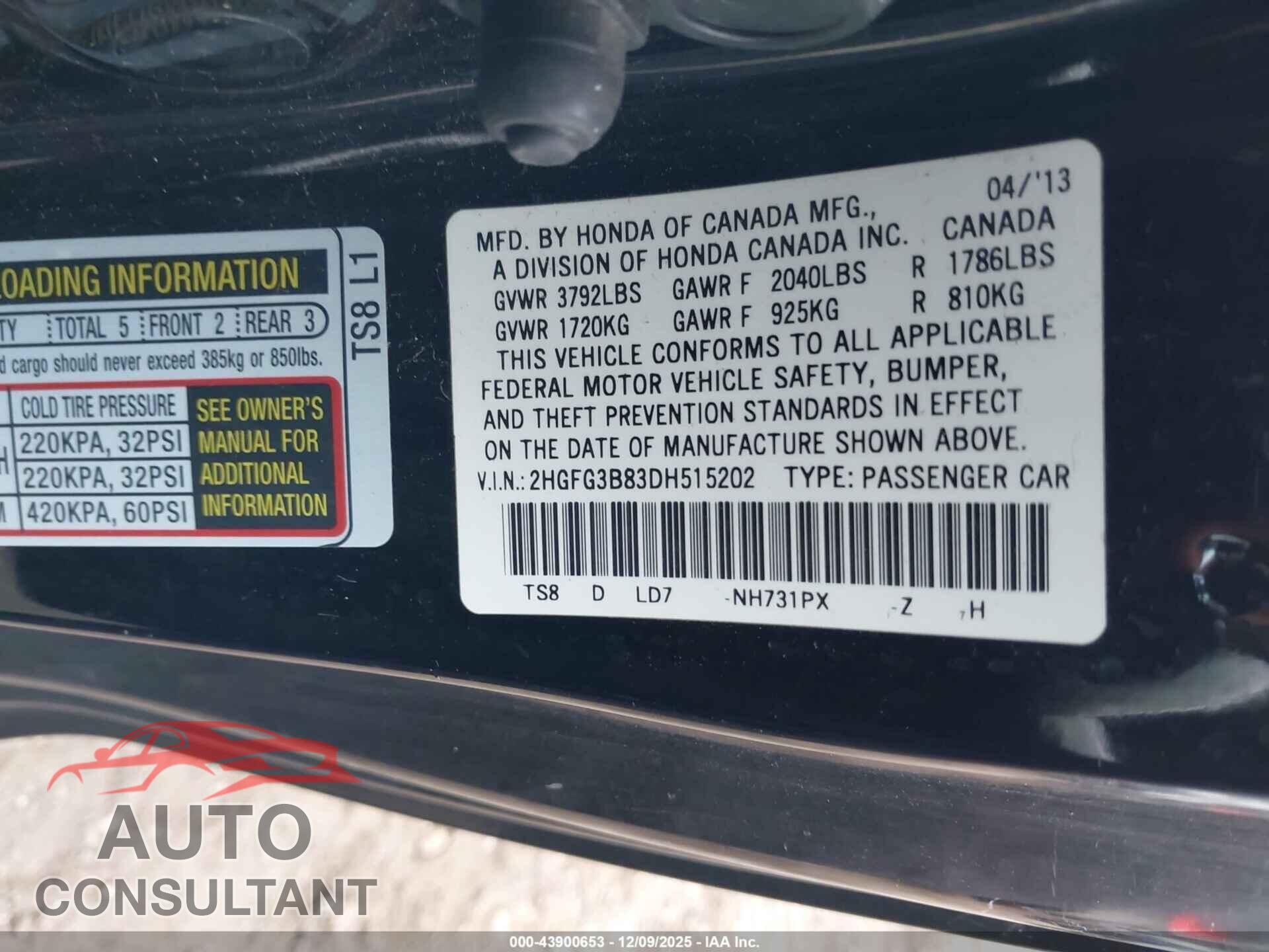HONDA CIVIC 2013 - 2HGFG3B83DH515202