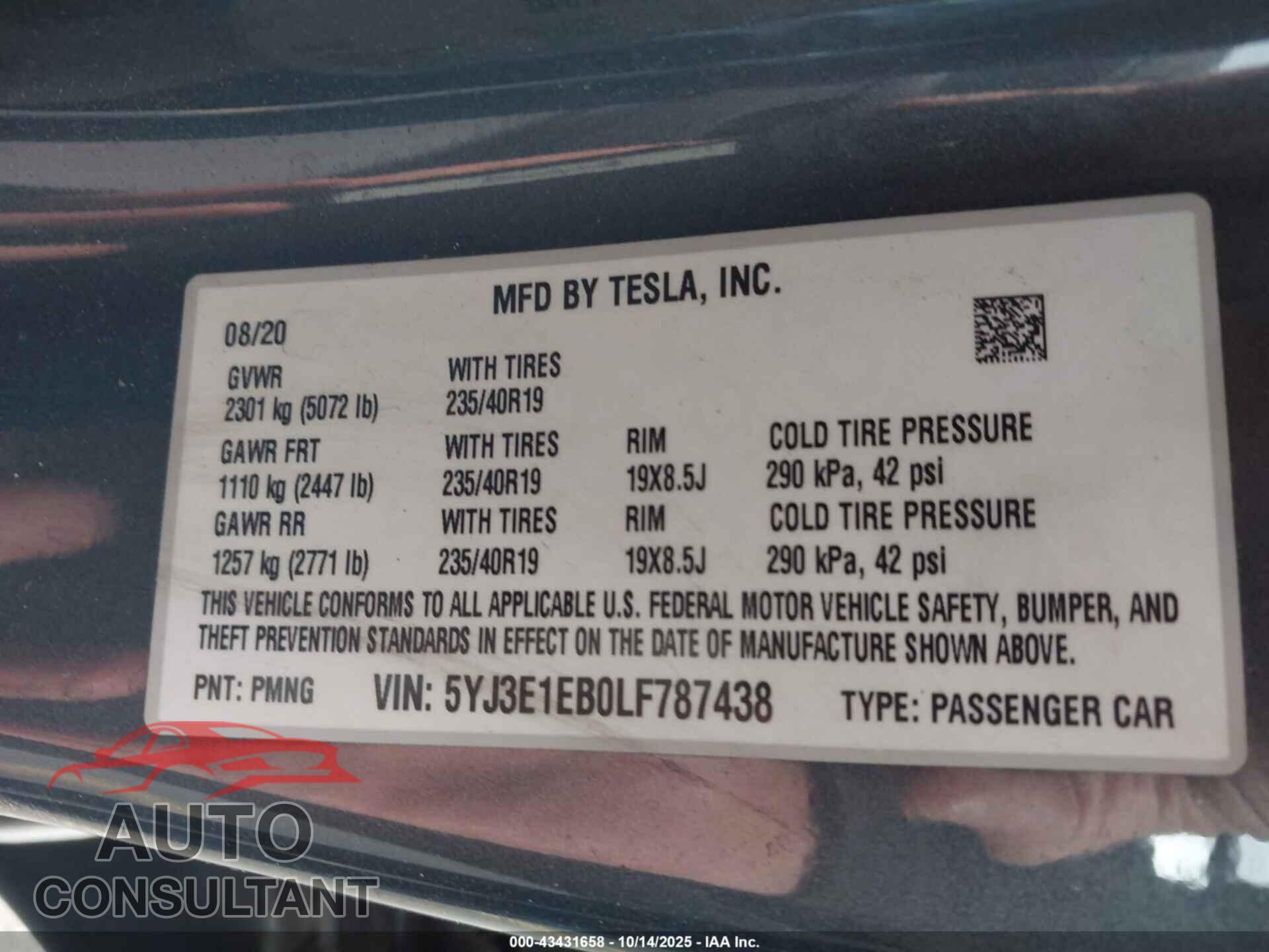 TESLA MODEL 3 2020 - 5YJ3E1EB0LF787438