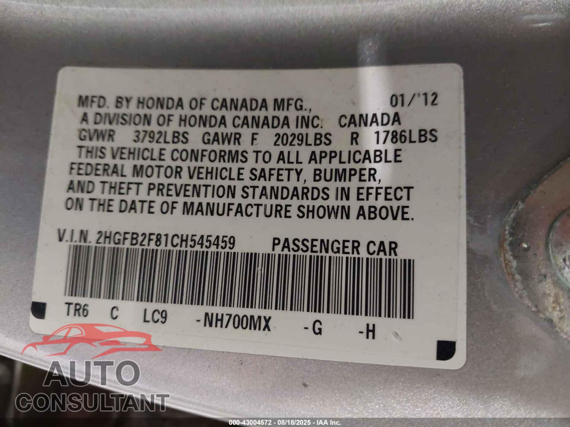 HONDA CIVIC 2012 - 2HGFB2F81CH545459
