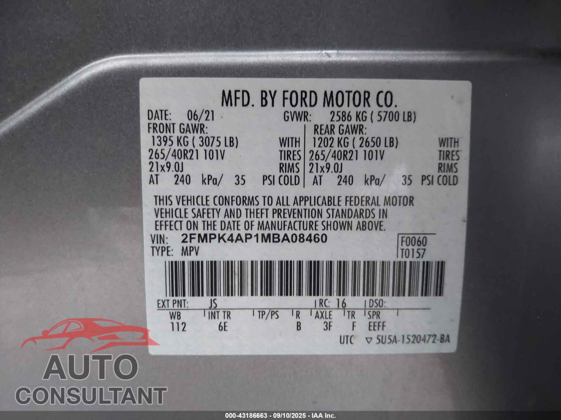 FORD EDGE 2021 - 2FMPK4AP1MBA08460
