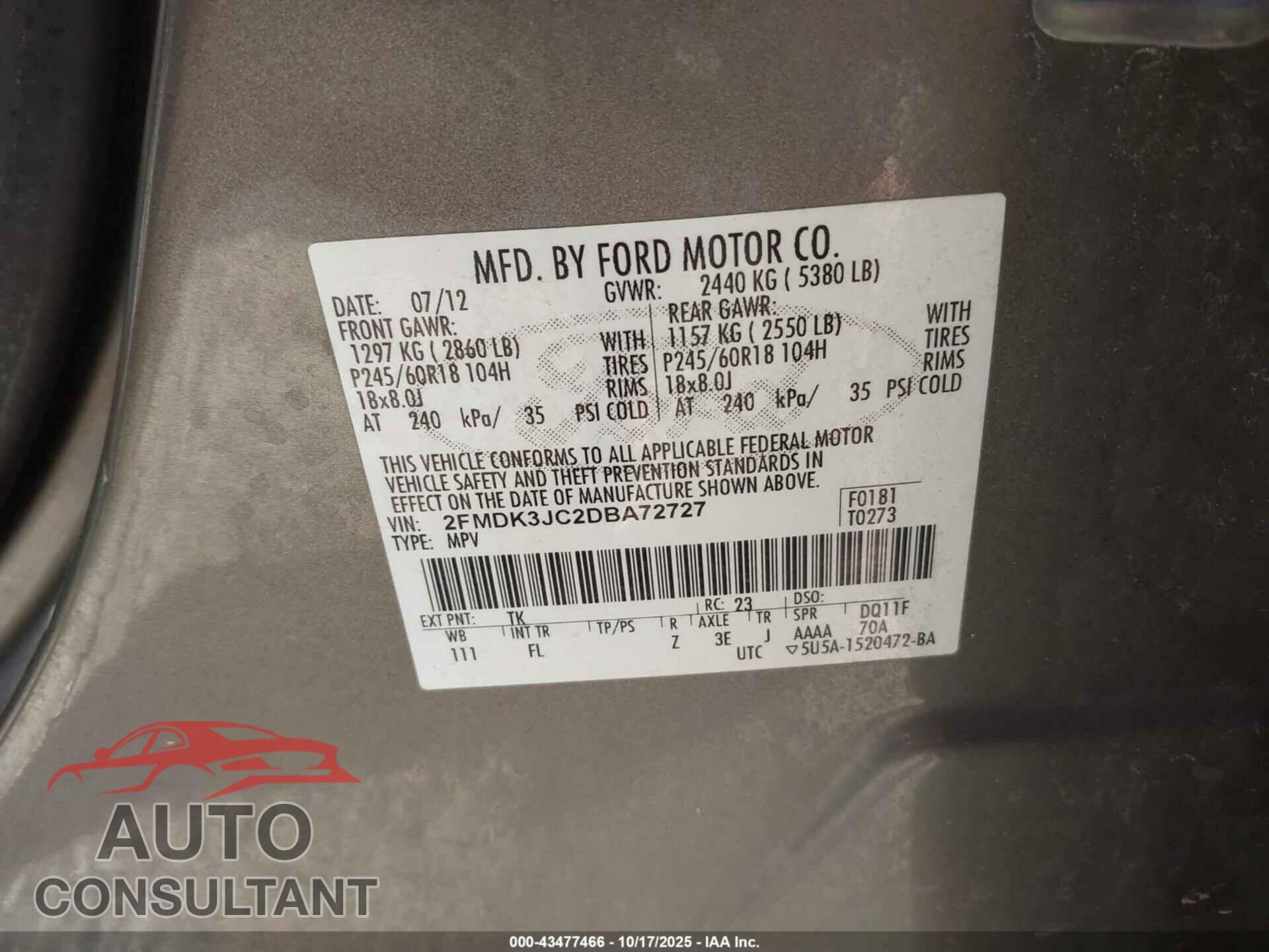 FORD EDGE 2013 - 2FMDK3JC2DBA72727