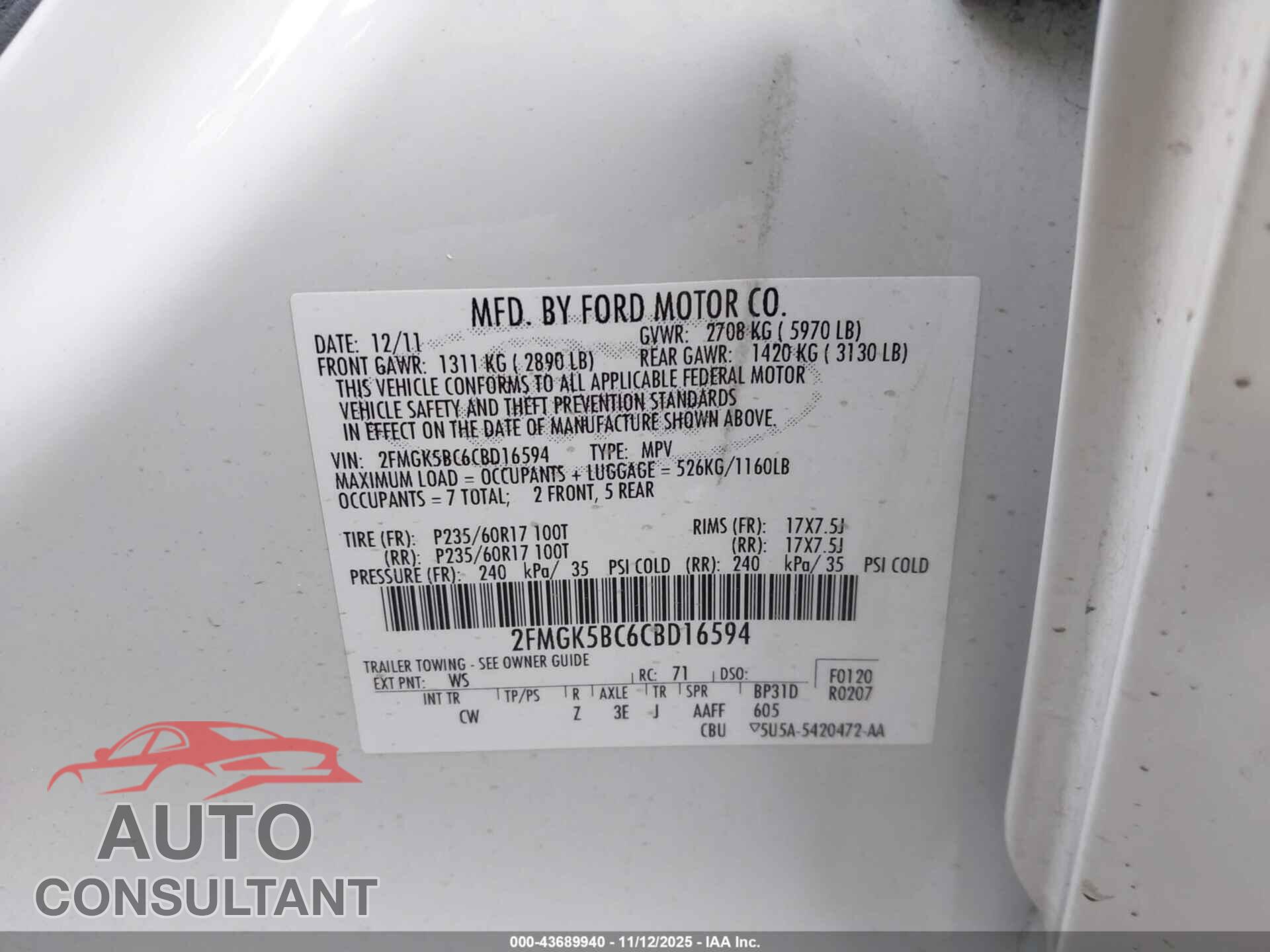 FORD FLEX 2012 - 2FMGK5BC6CBD16594