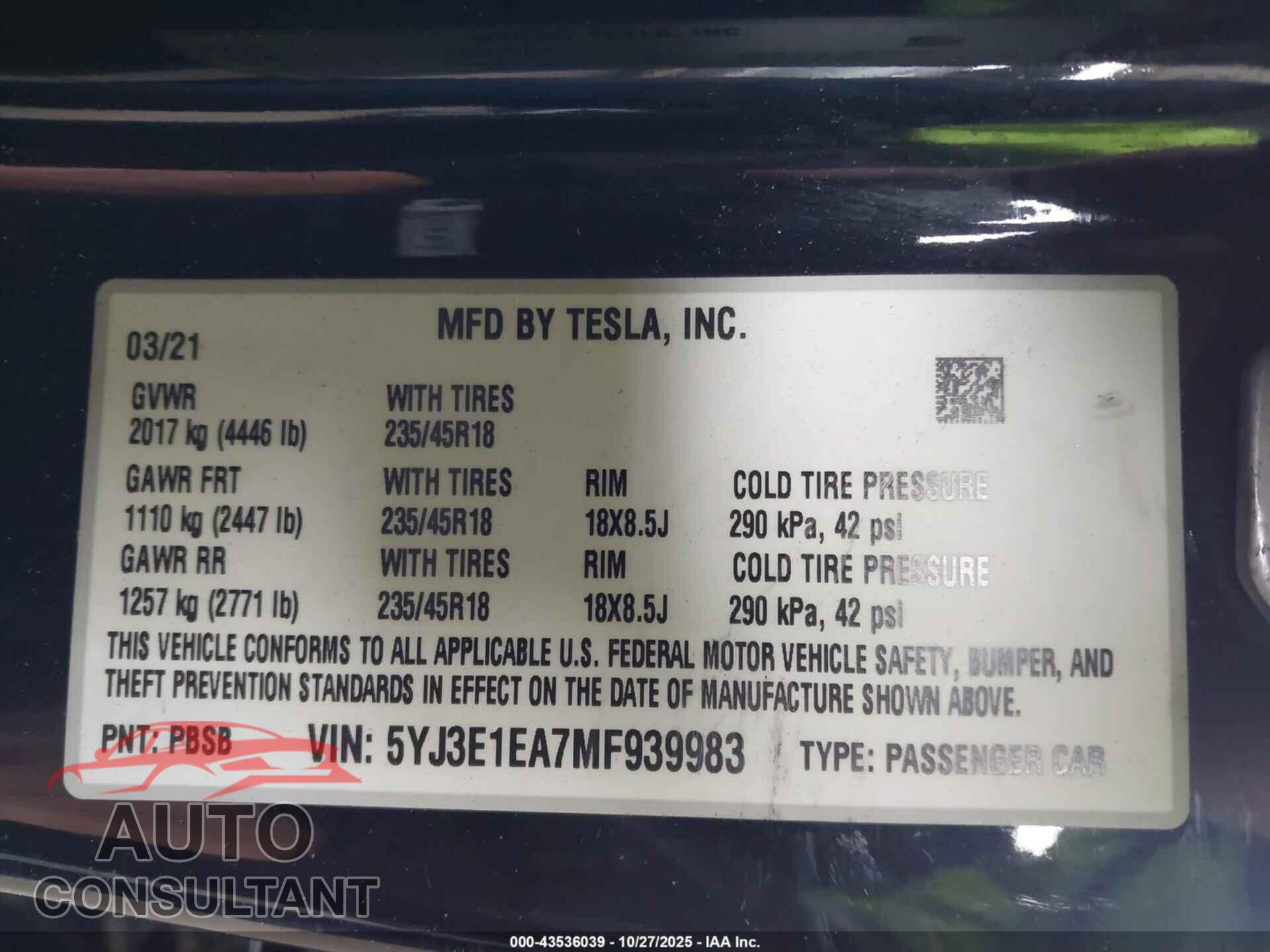 TESLA MODEL 3 2021 - 5YJ3E1EA7MF939983
