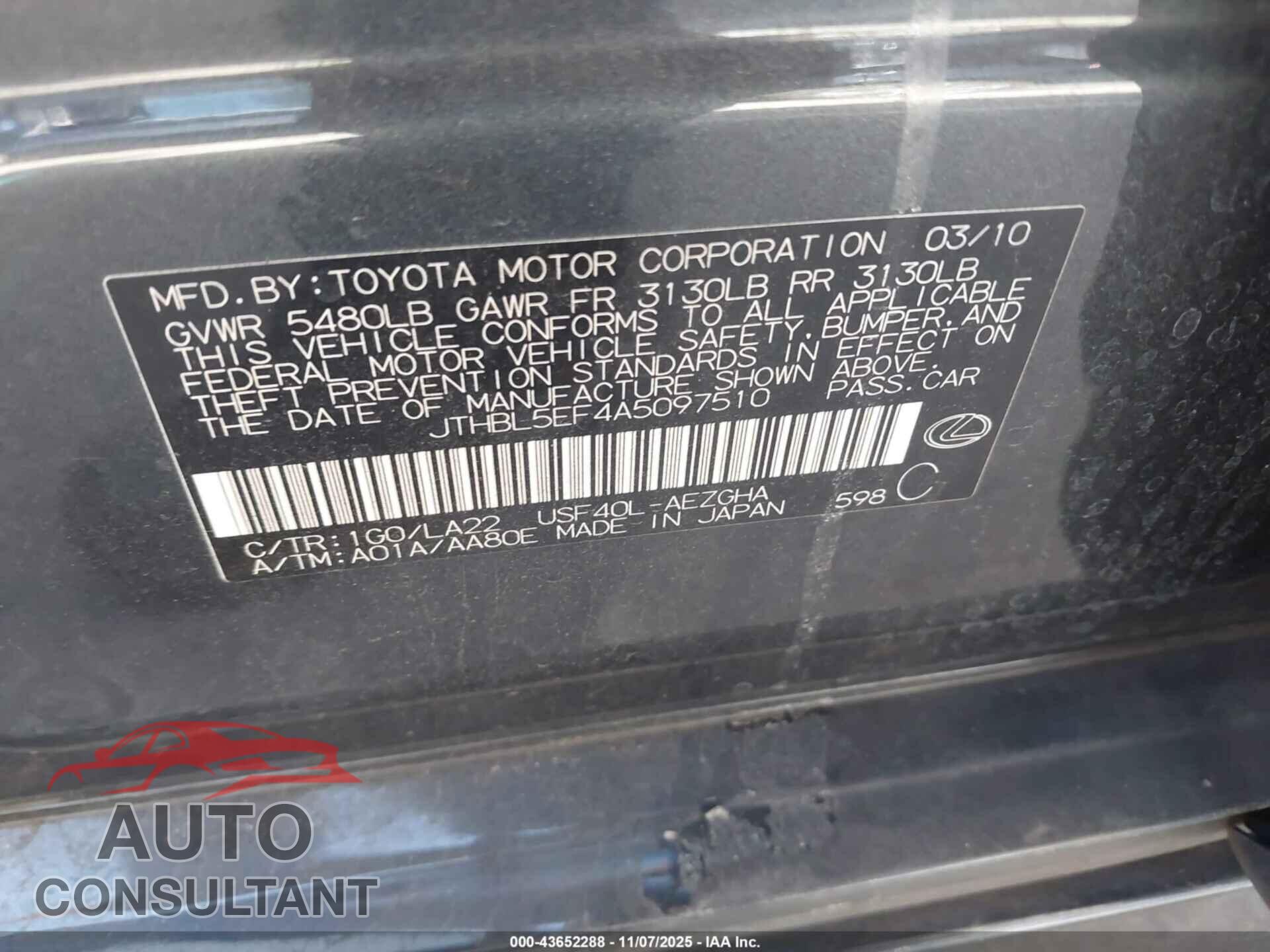 LEXUS LS 460 2010 - JTHBL5EF4A5097510