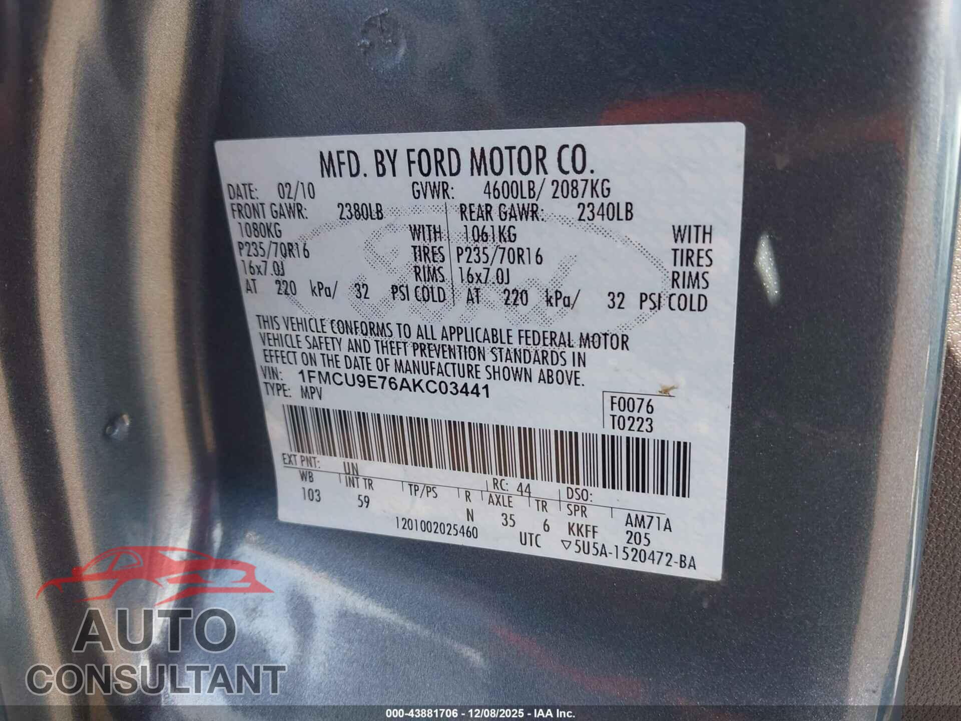 FORD ESCAPE 2010 - 1FMCU9E76AKC03441