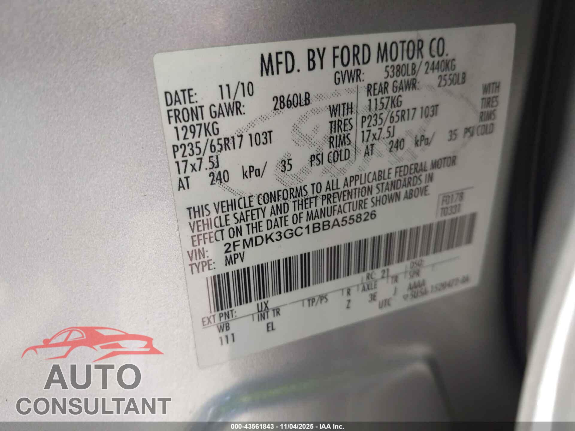 FORD EDGE 2011 - 2FMDK3GC1BBA55826