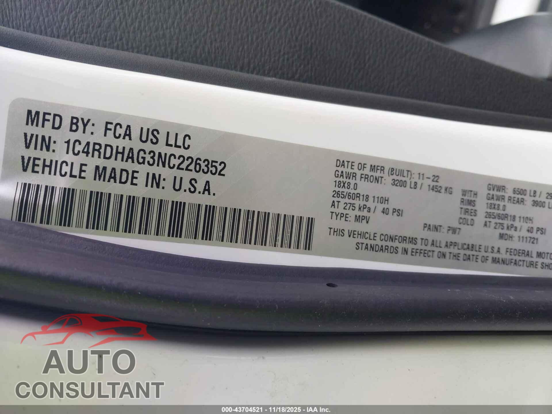 DODGE DURANGO 2022 - 1C4RDHAG3NC226352