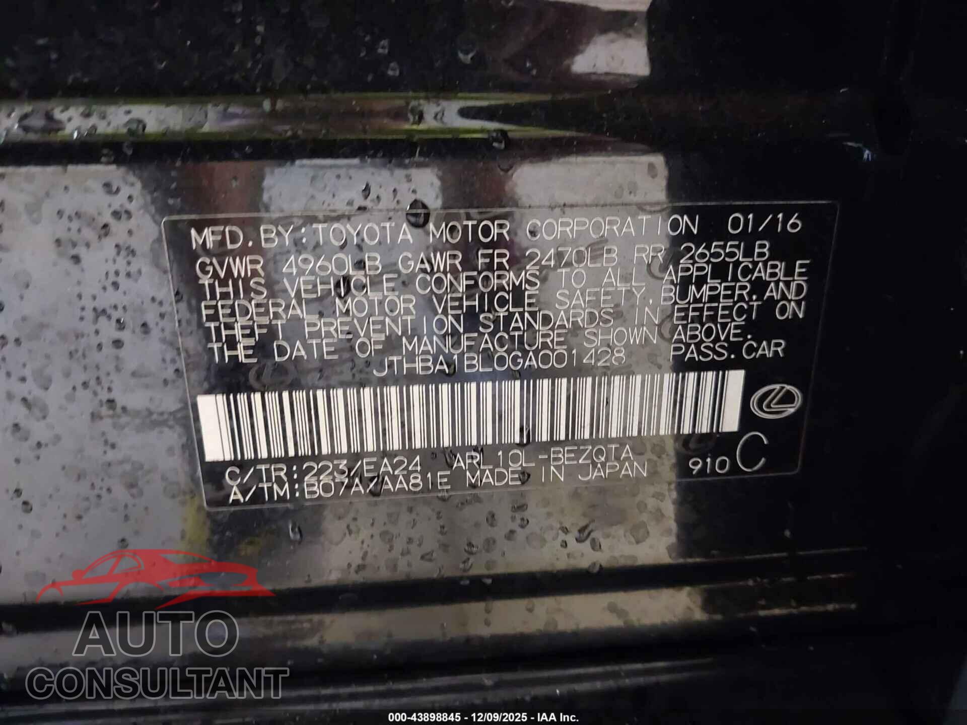 LEXUS GS 200T 2016 - JTHBA1BL0GA001428