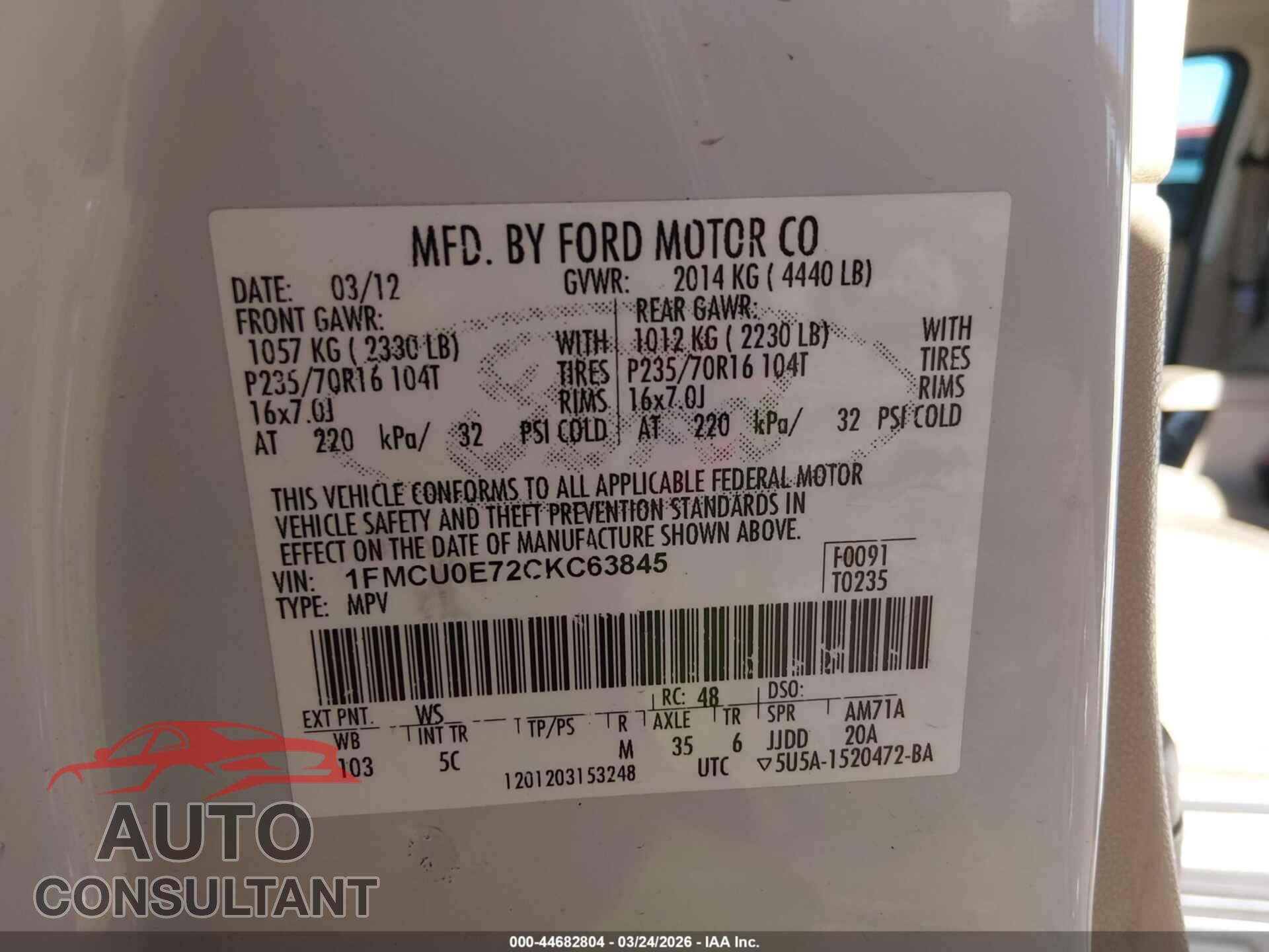 FORD ESCAPE 2012 - 1FMCU0E72CKC63845
