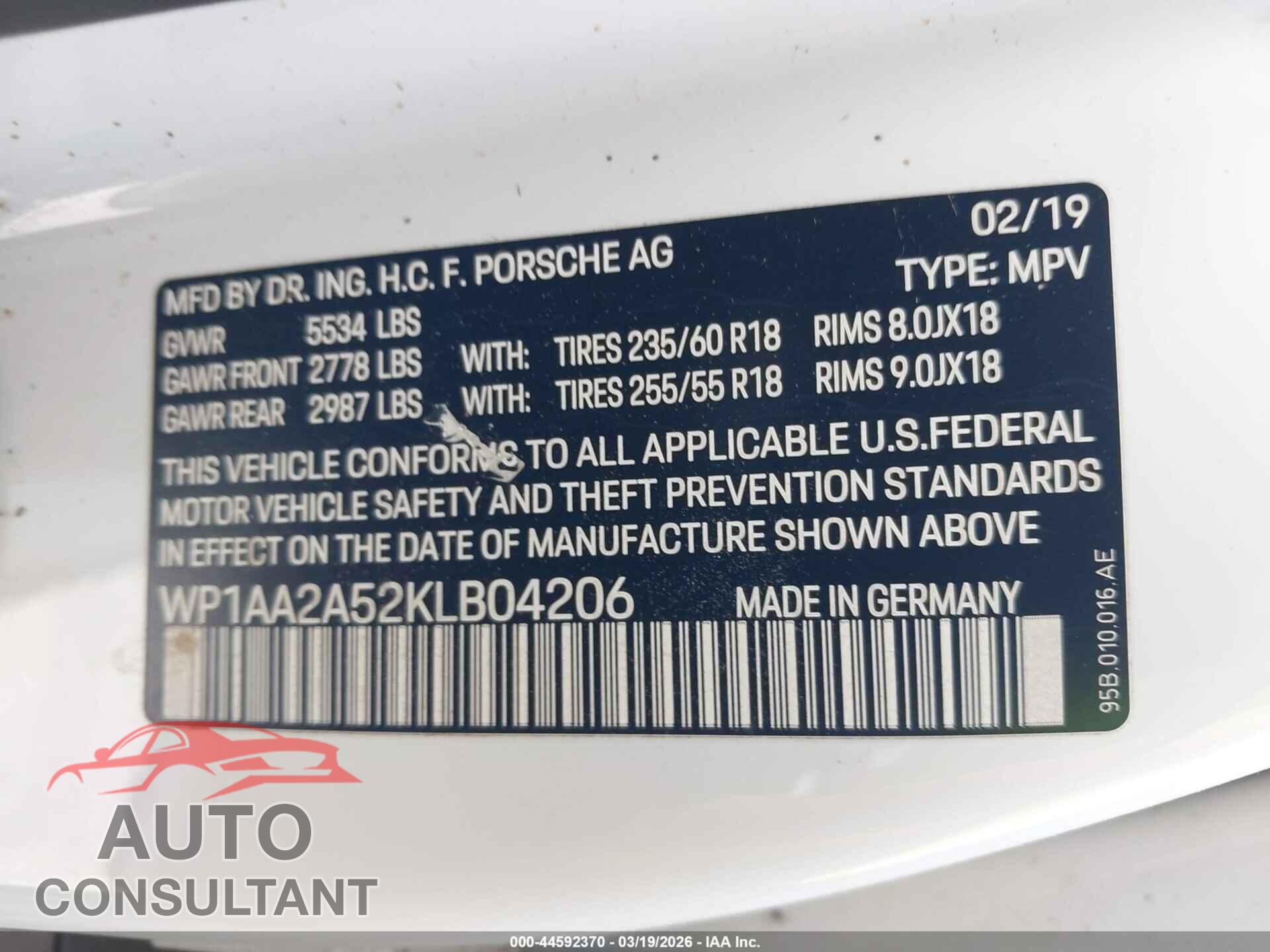 PORSCHE MACAN 2019 - WP1AA2A52KLB04206