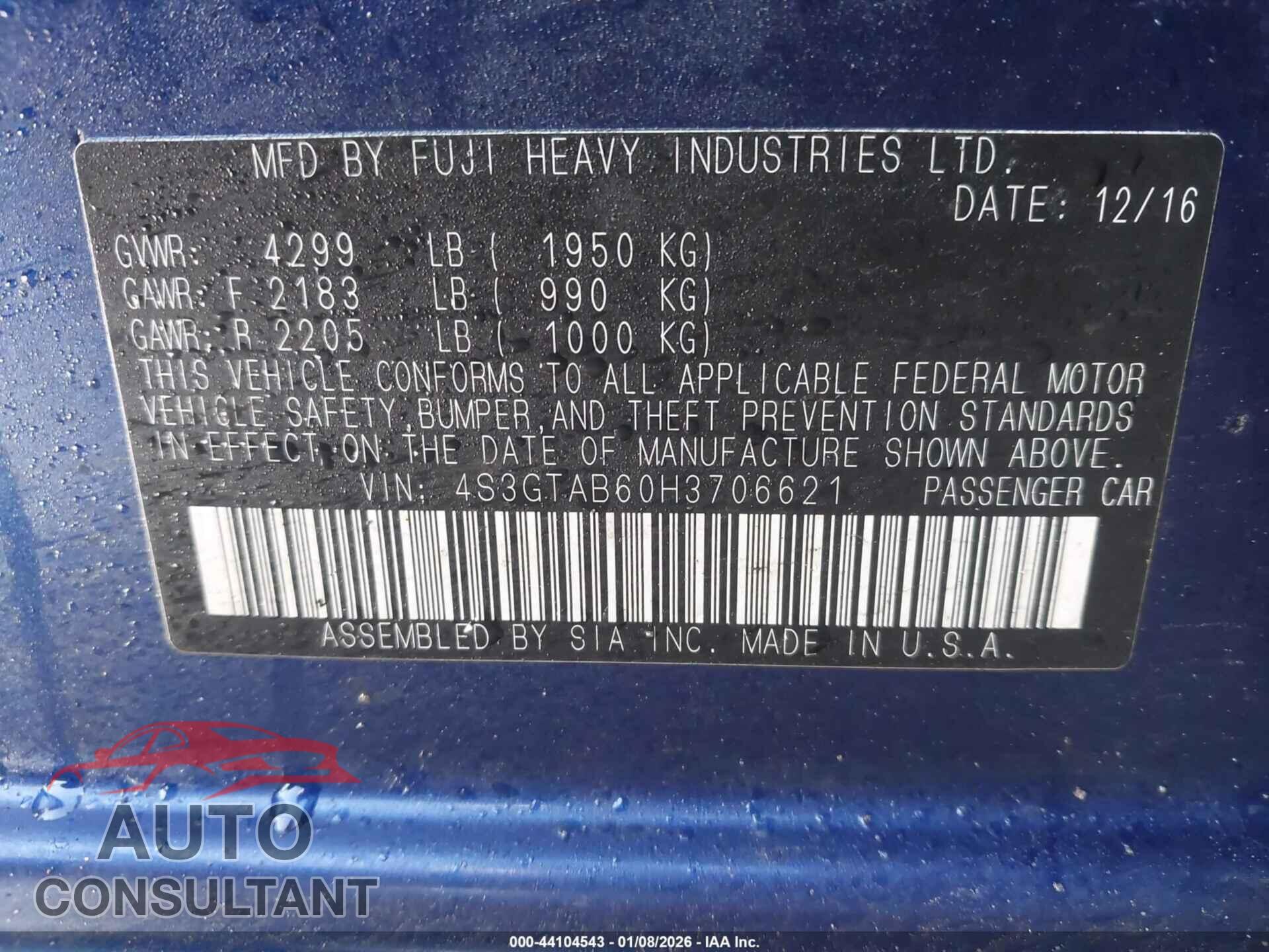 SUBARU IMPREZA 2017 - 4S3GTAB60H3706621