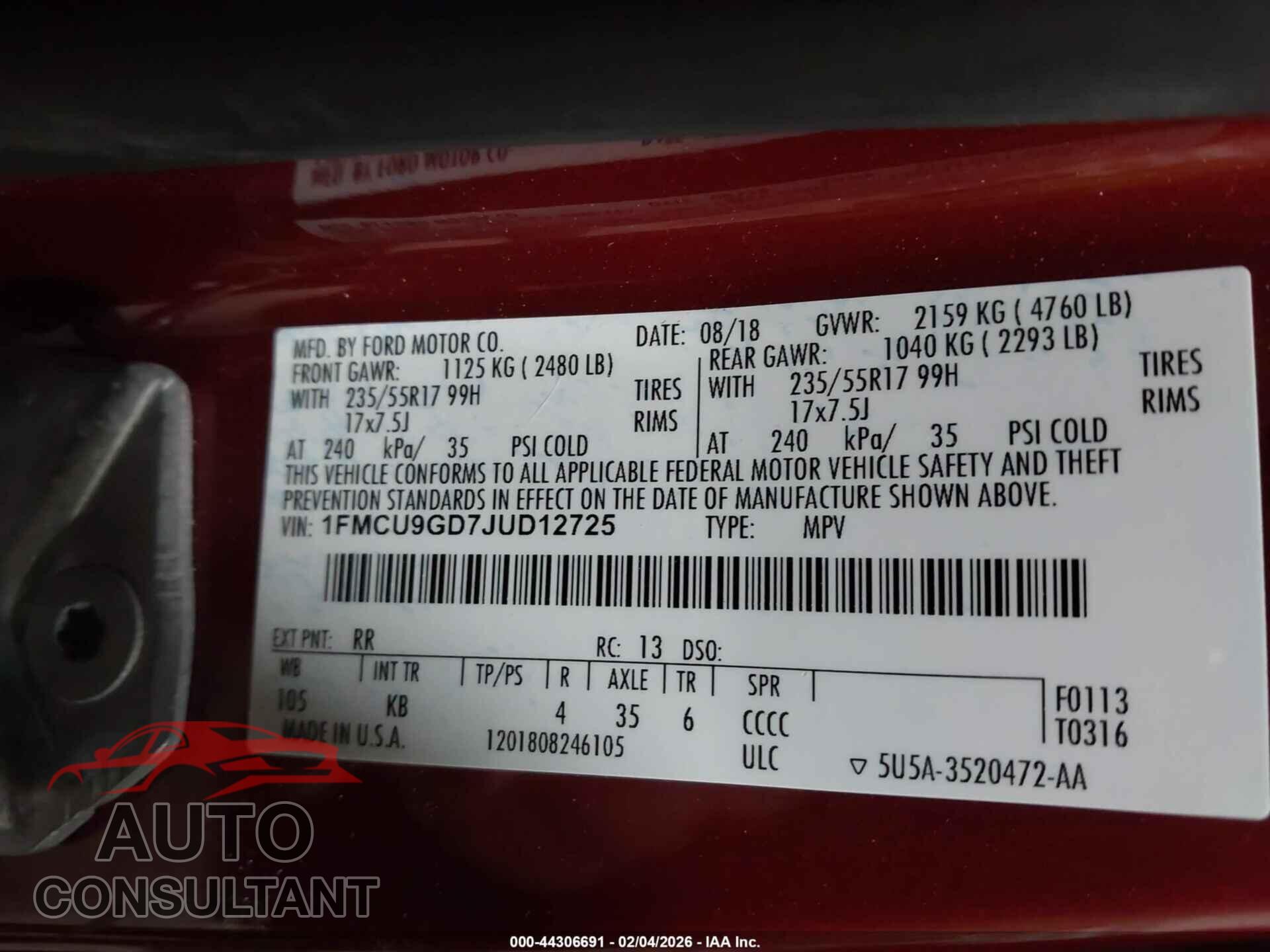 FORD ESCAPE 2018 - 1FMCU9GD7JUD12725