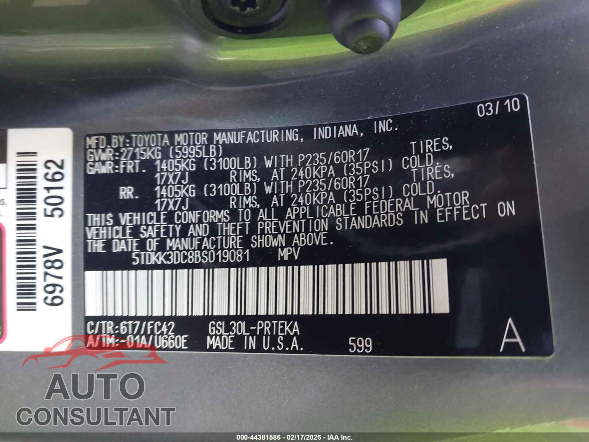 TOYOTA SIENNA 2011 - 5TDKK3DC8BS019081