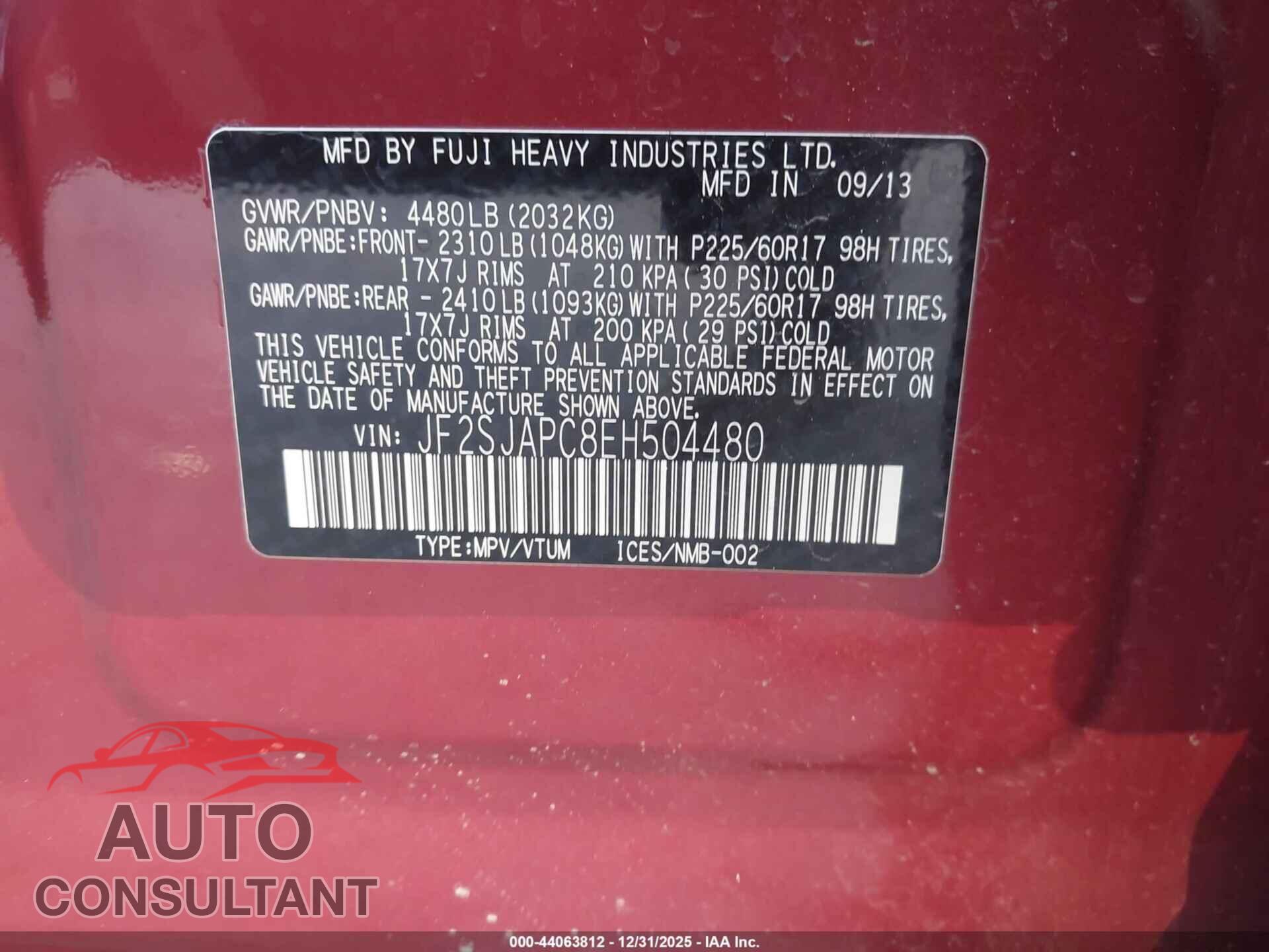 SUBARU FORESTER 2014 - JF2SJAPC8EH504480
