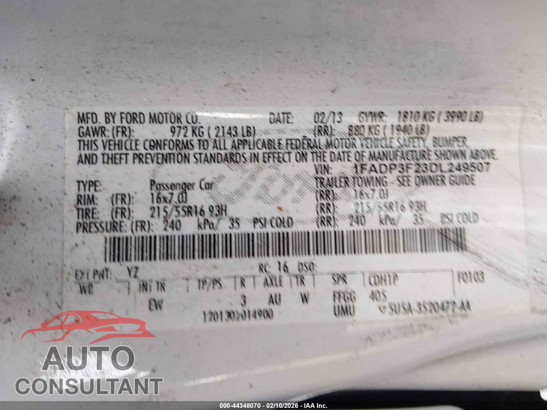 FORD FOCUS 2013 - 1FADP3F23DL249507
