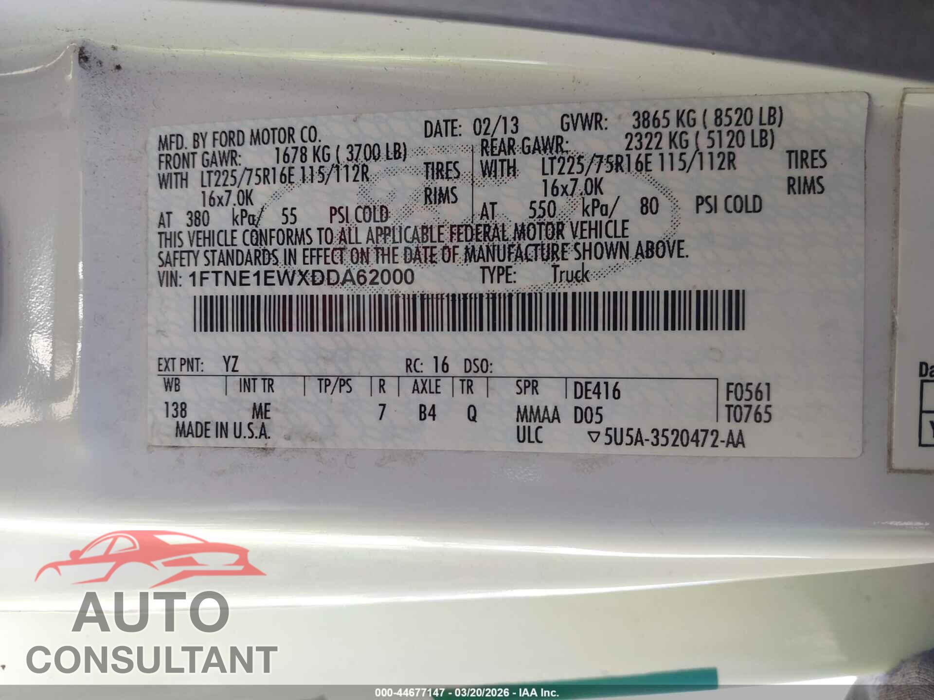 FORD E-150 2013 - 1FTNE1EWXDDA62000