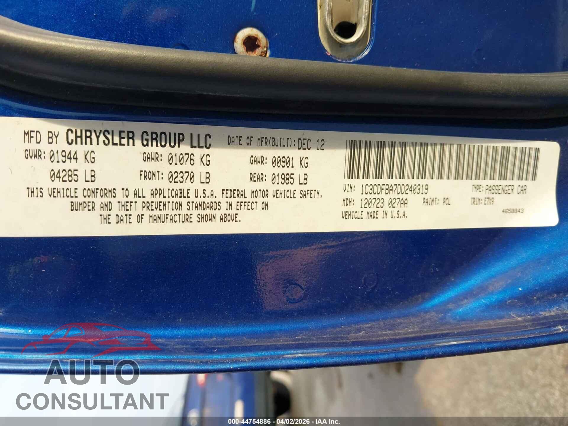DODGE DART 2013 - 1C3CDFBA7DD240319