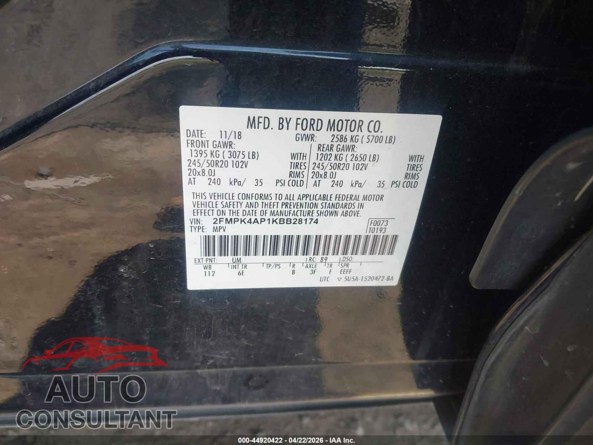 FORD EDGE 2019 - 2FMPK4AP1KBB28174