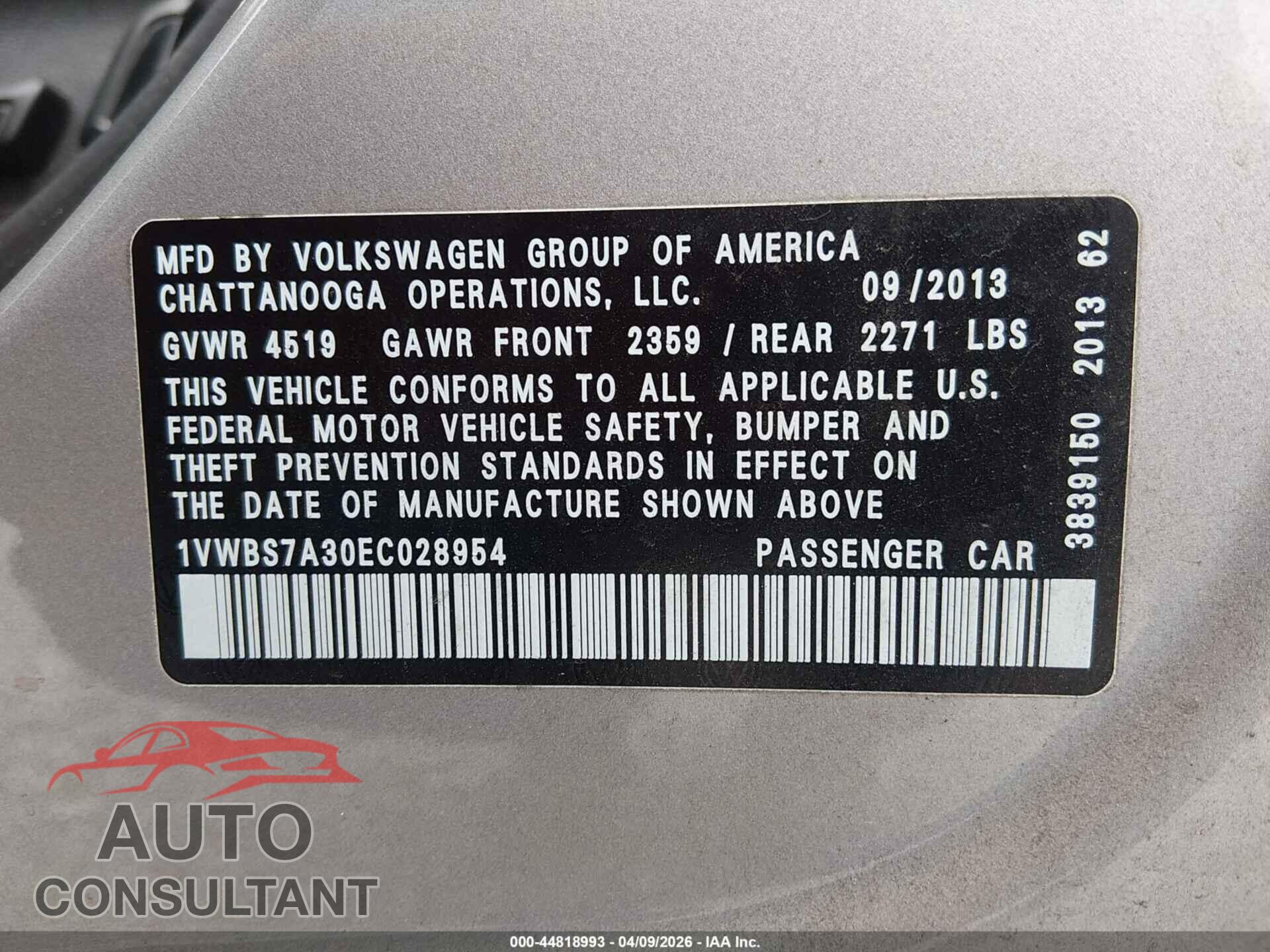 VOLKSWAGEN PASSAT 2014 - 1VWBS7A30EC028954