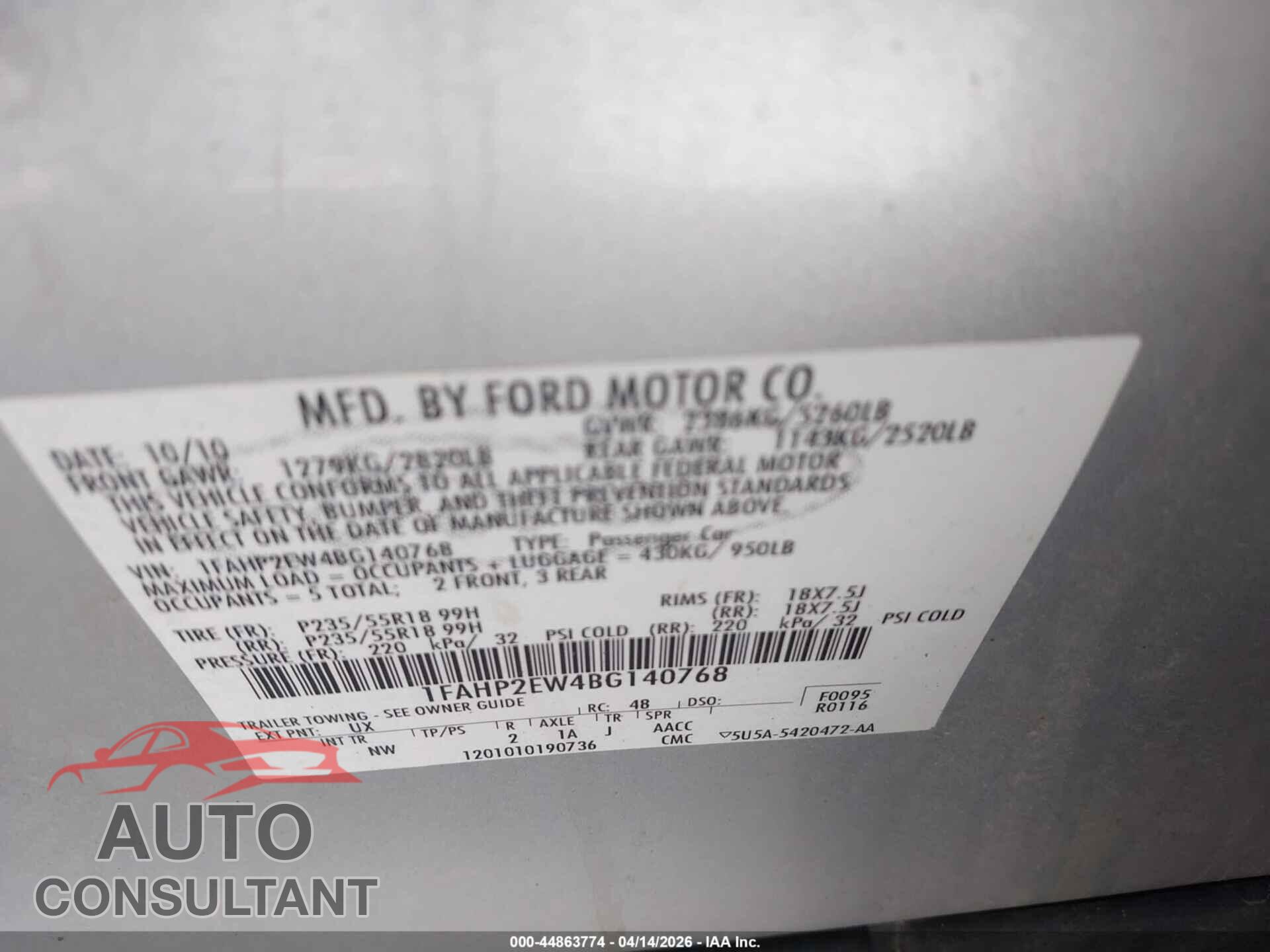 FORD TAURUS 2011 - 1FAHP2EW4BG140768