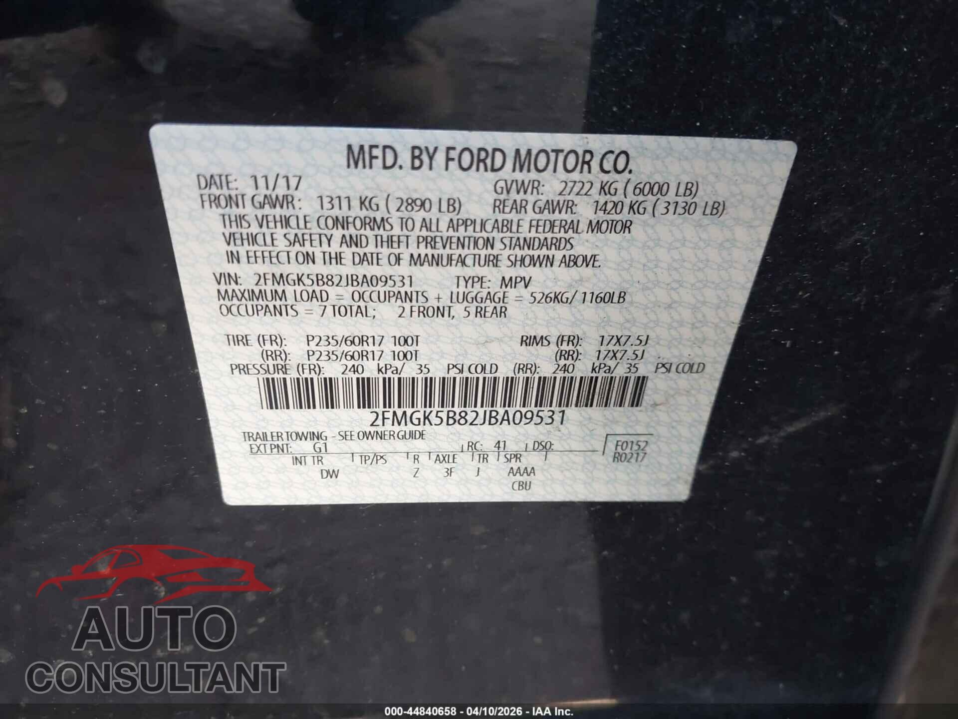 FORD FLEX 2018 - 2FMGK5B82JBA09531