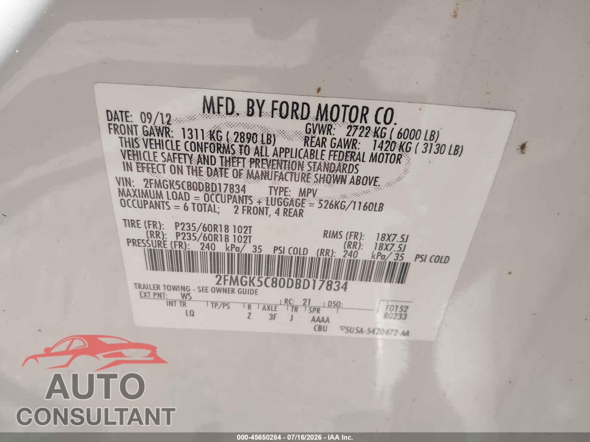 FORD FLEX 2013 - 2FMGK5C80DBD17834