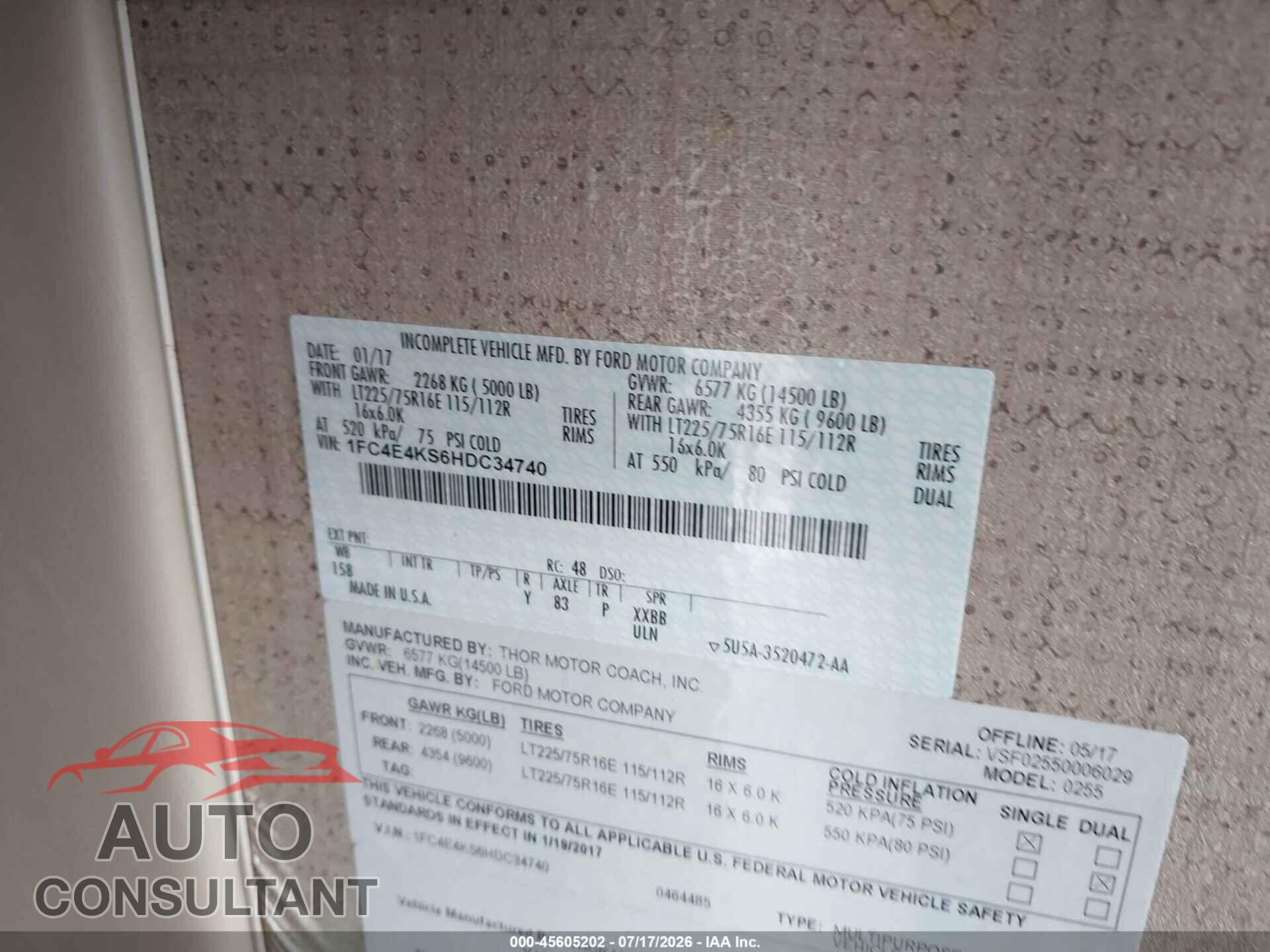 FORD E-450 STRIPPED 2017 - 1FC4E4KS6HDC34740
