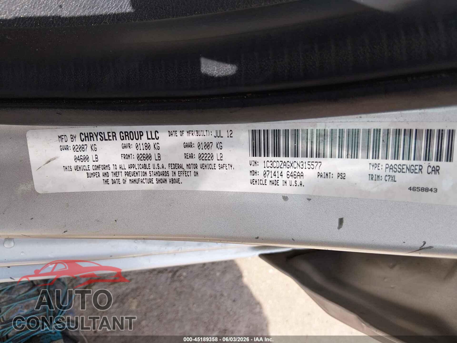DODGE AVENGER 2012 - 1C3CDZAGXCN315577
