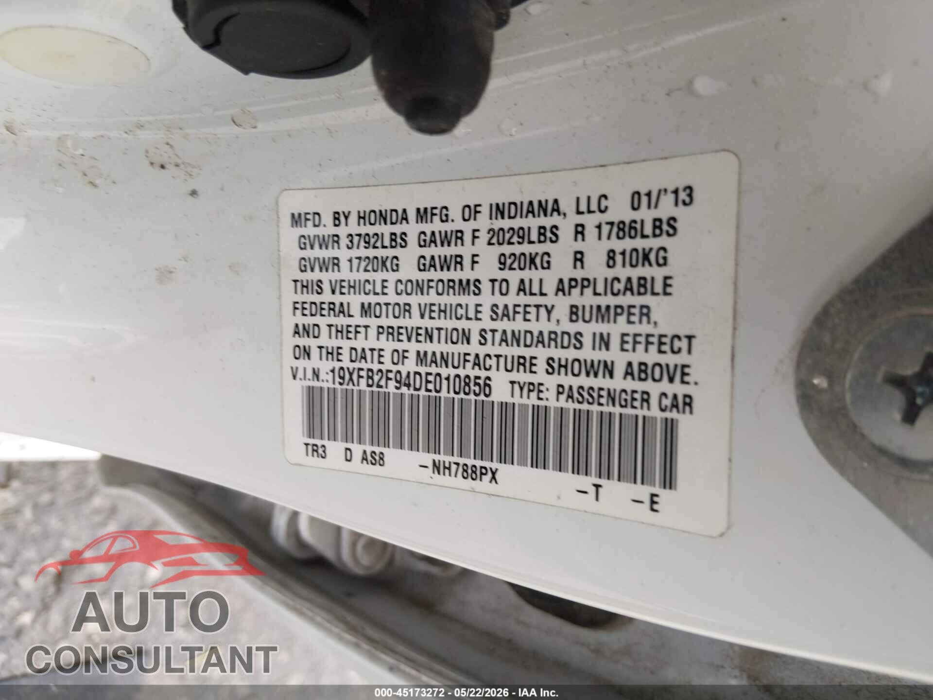 HONDA CIVIC 2013 - 19XFB2F94DE010856