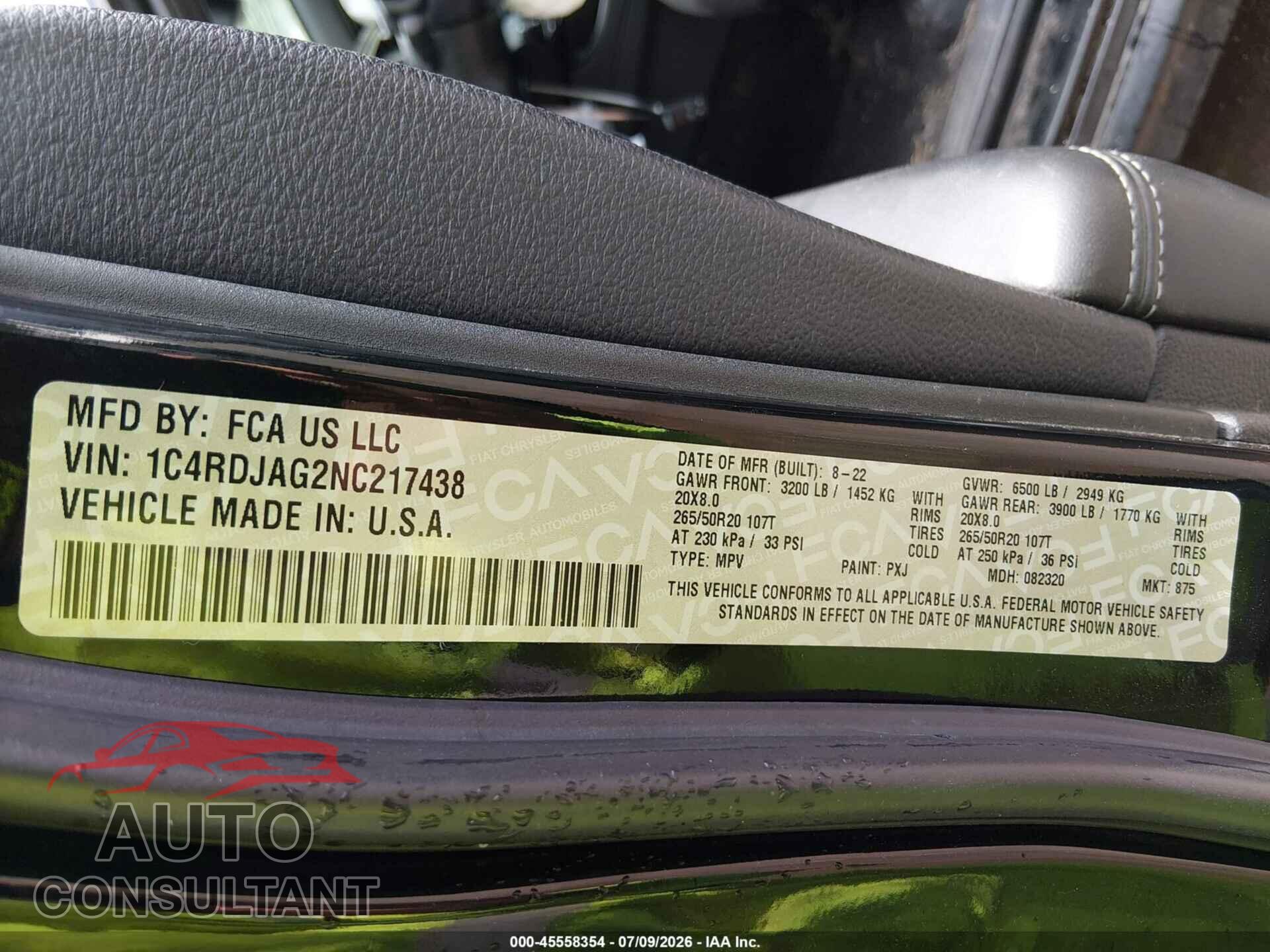 DODGE DURANGO 2022 - 1C4RDJAG2NC217438