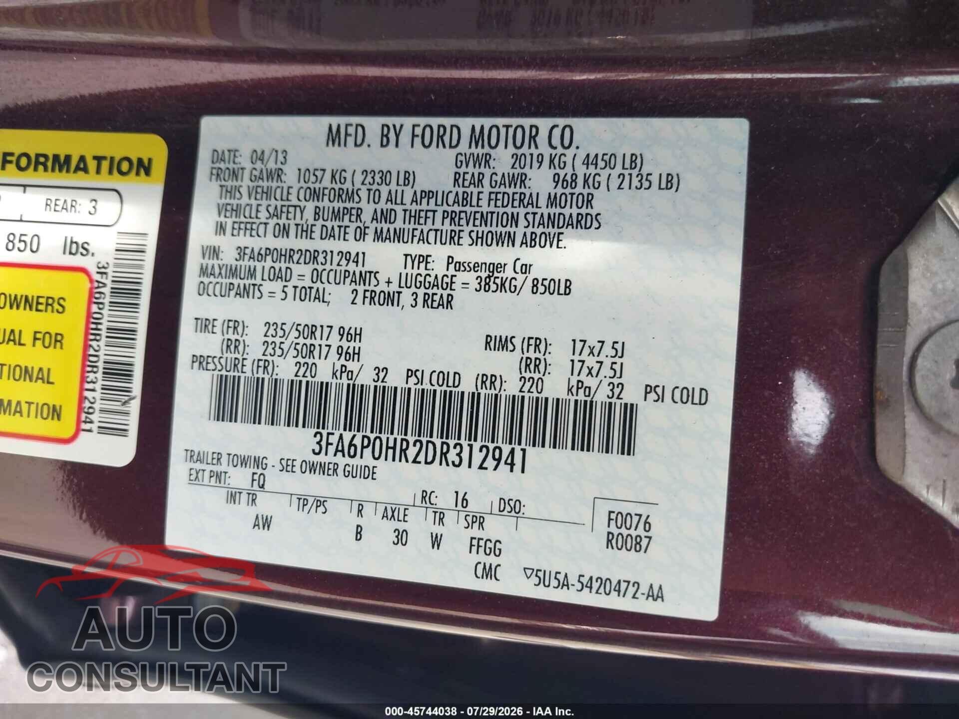 FORD FUSION 2013 - 3FA6P0HR2DR312941