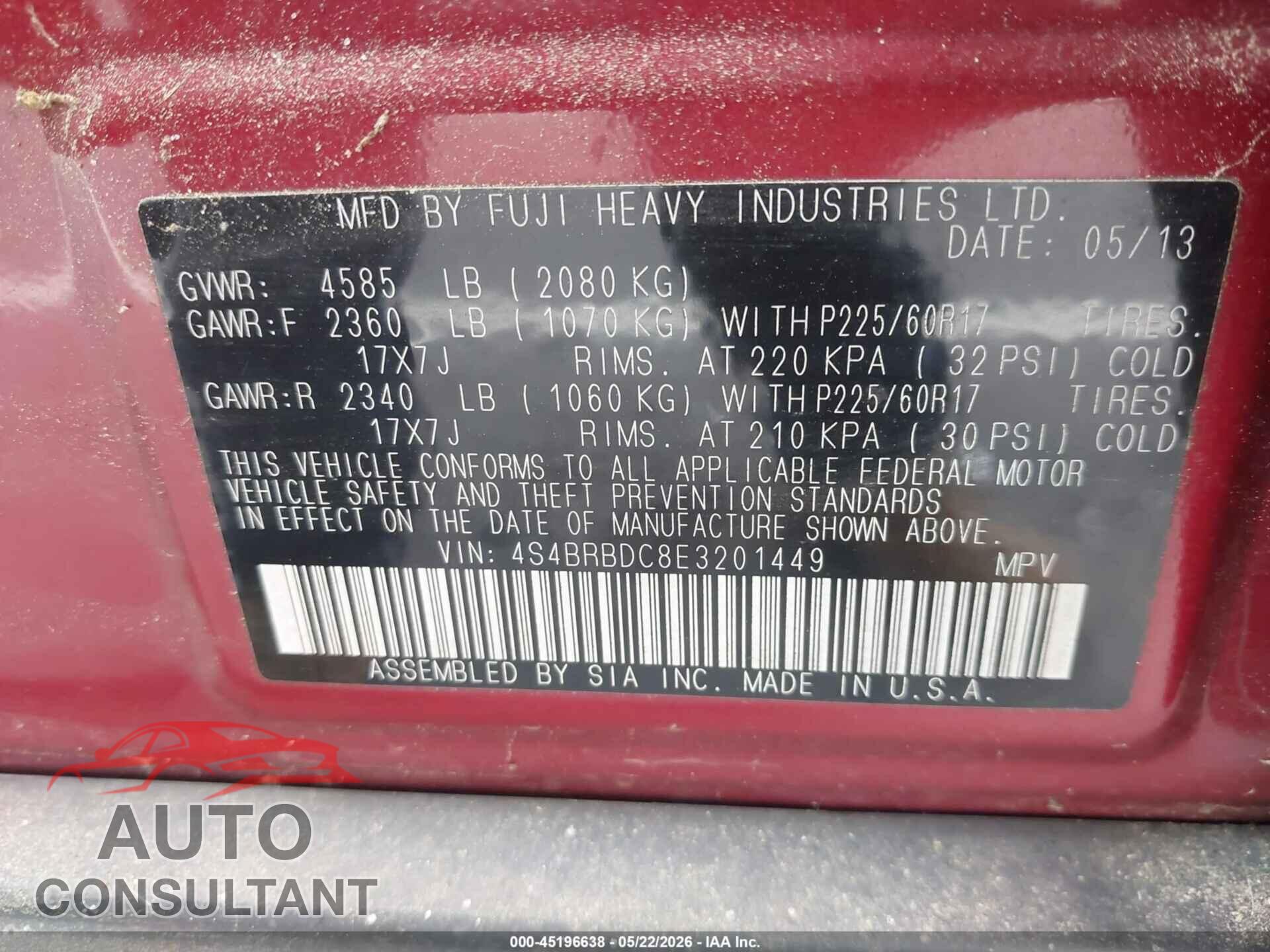 SUBARU OUTBACK 2014 - 4S4BRBDC8E3201449