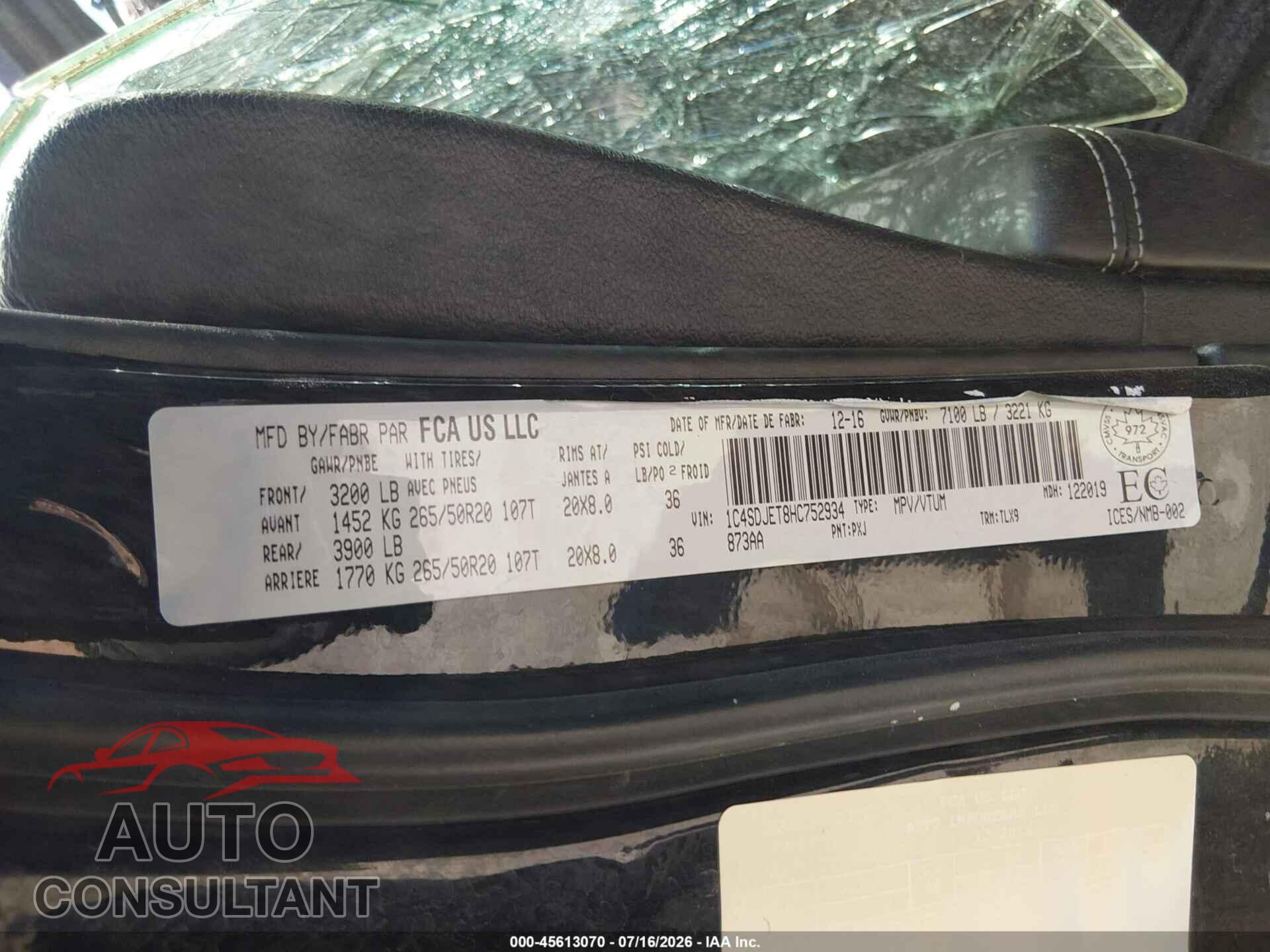 DODGE DURANGO 2017 - 1C4SDJET8HC752934