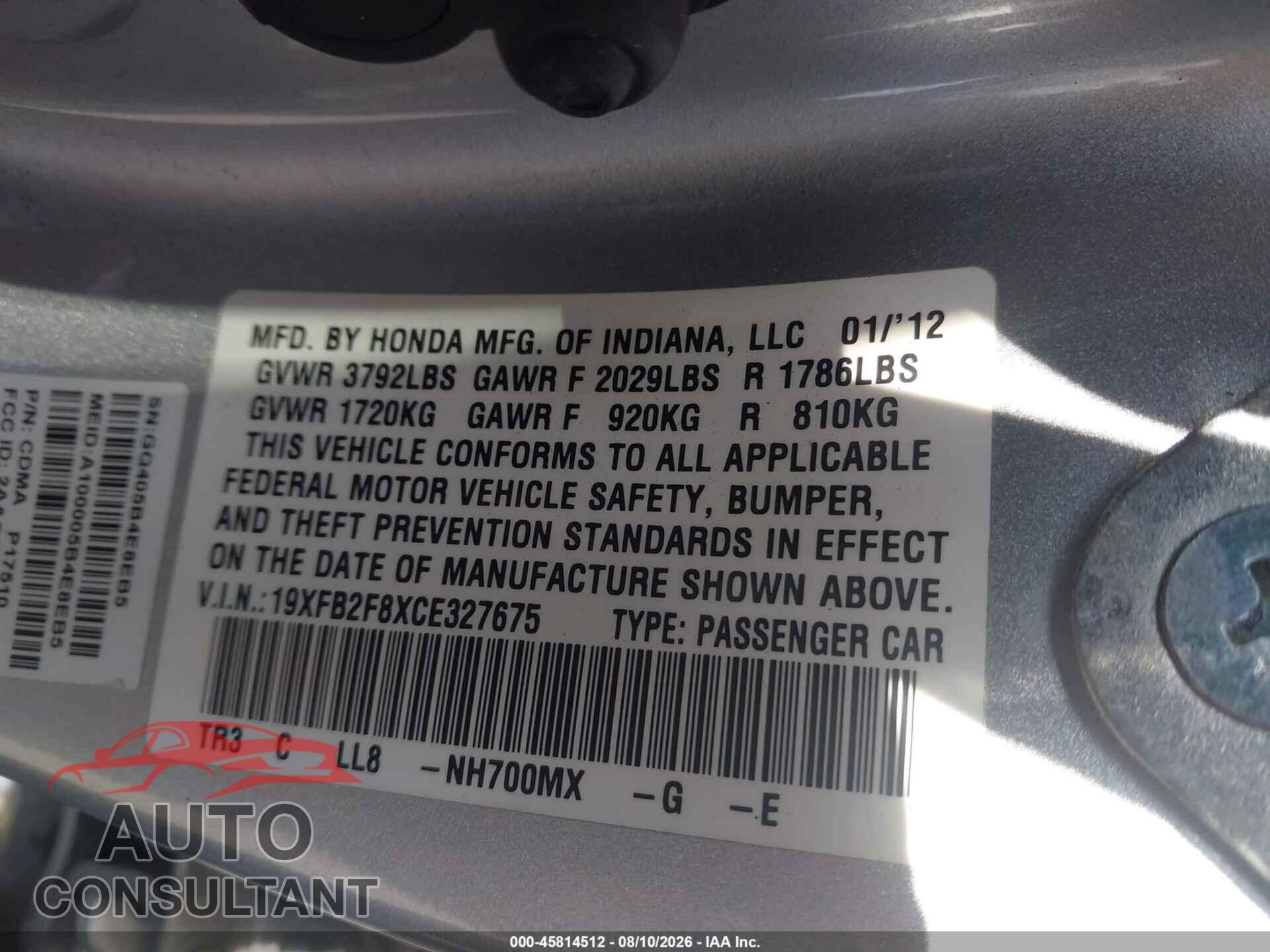 HONDA CIVIC 2012 - 19XFB2F8XCE327675