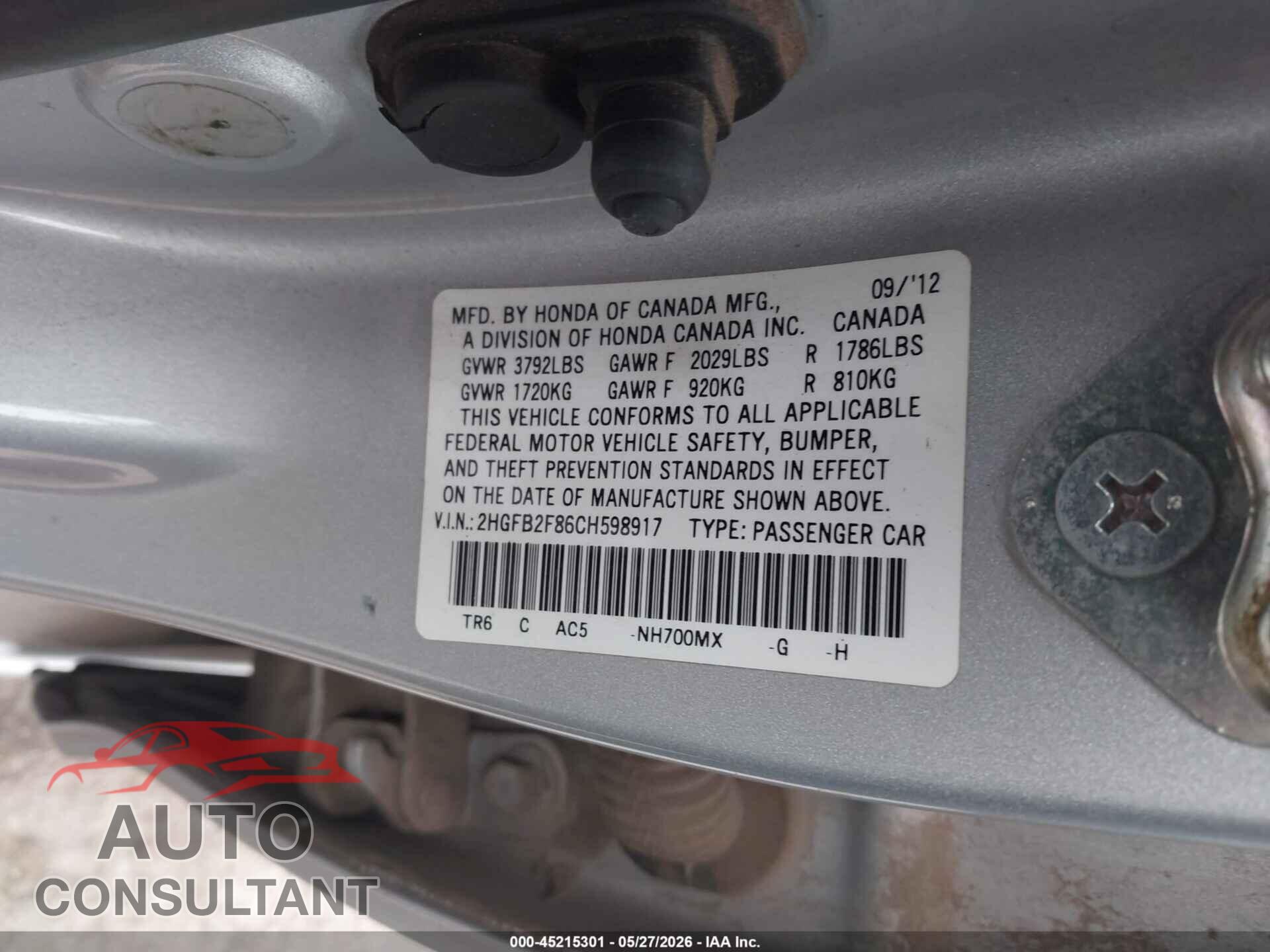 HONDA CIVIC 2012 - 2HGFB2F86CH598917