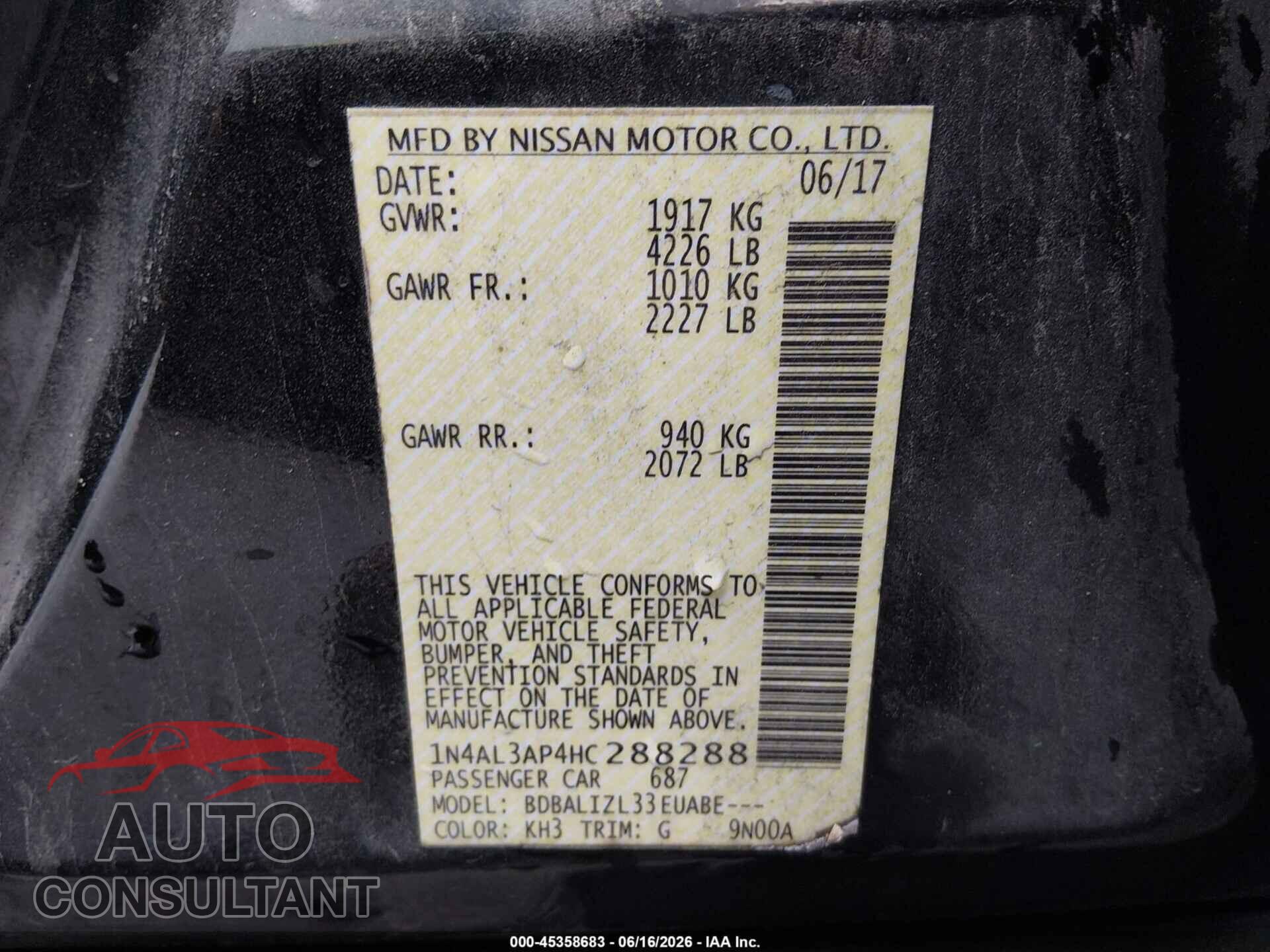 NISSAN ALTIMA 2017 - 1N4AL3AP4HC288288