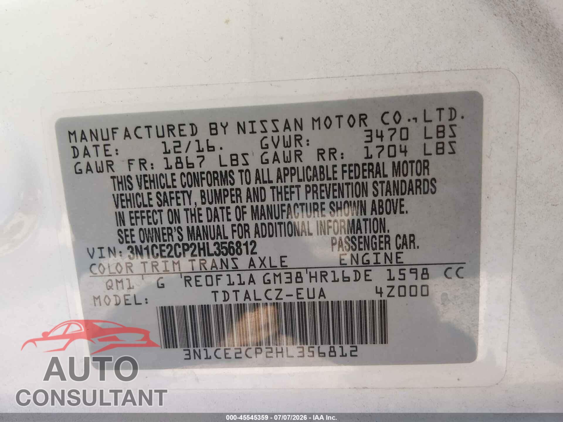 NISSAN VERSA NOTE 2017 - 3N1CE2CP2HL356812