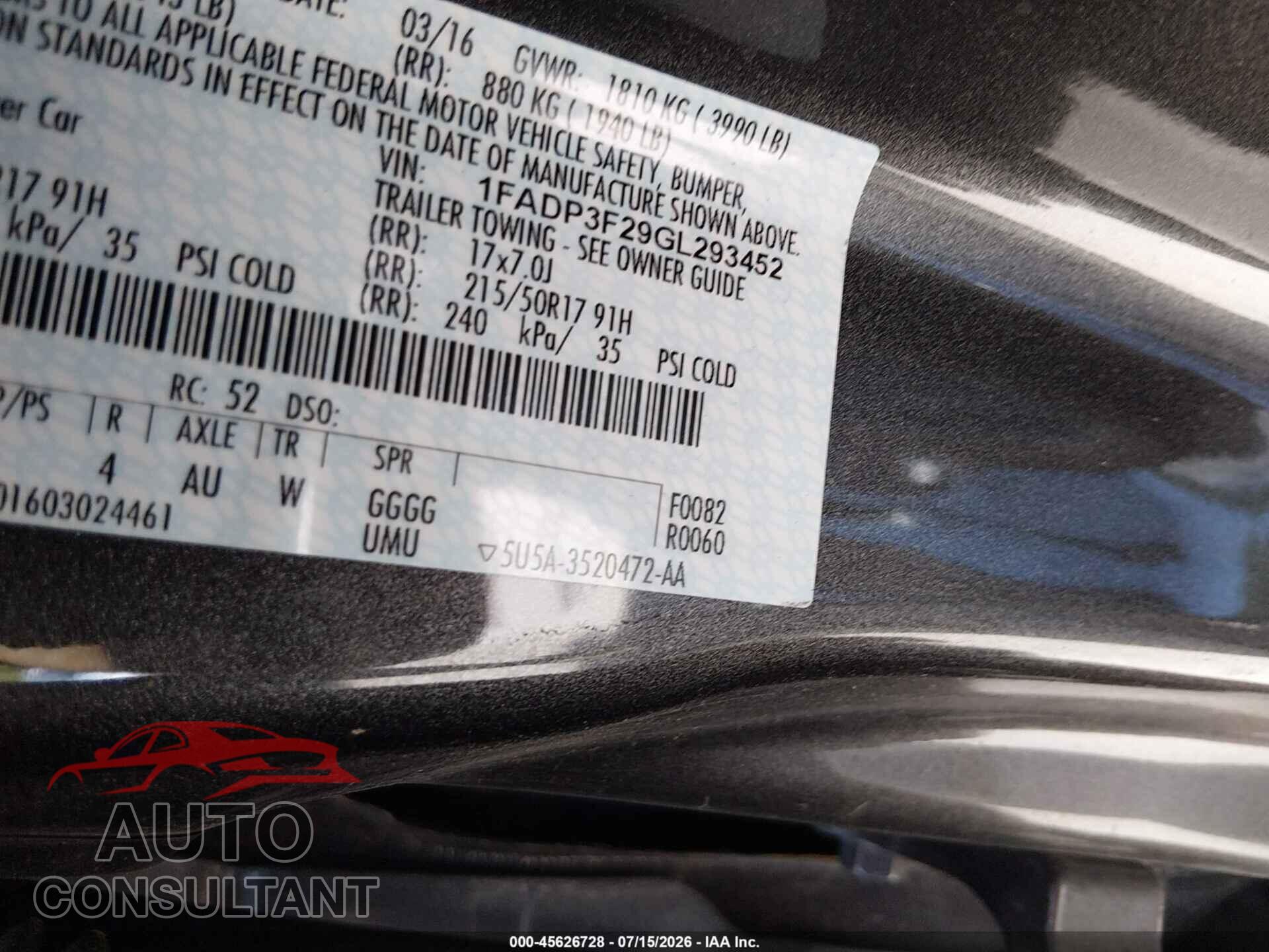 FORD FOCUS 2016 - 1FADP3F29GL293452