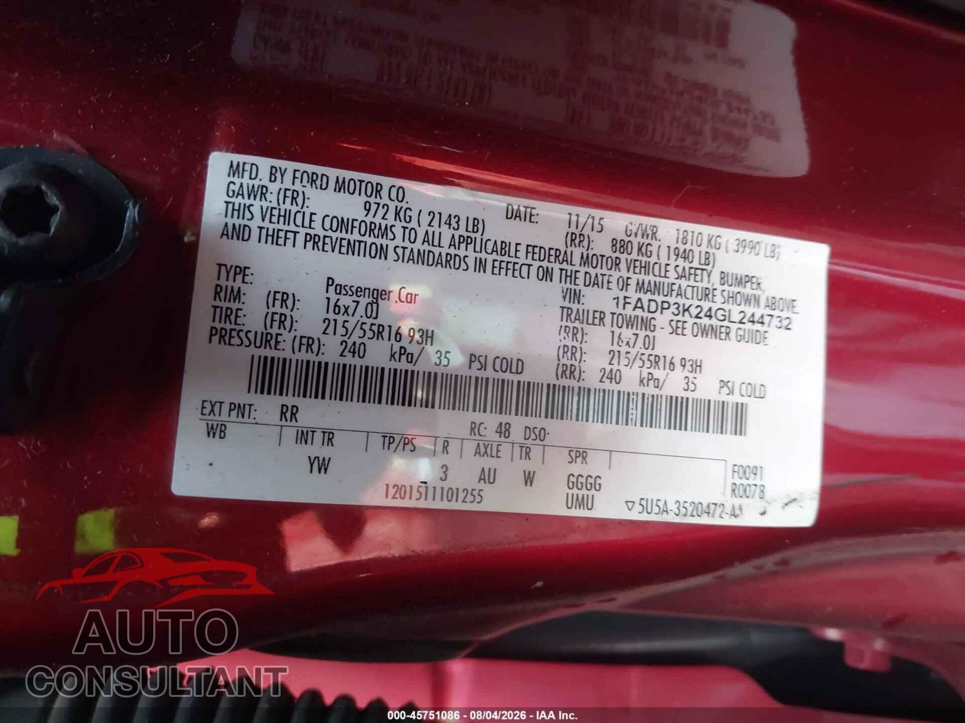 FORD FOCUS 2016 - 1FADP3K24GL244732