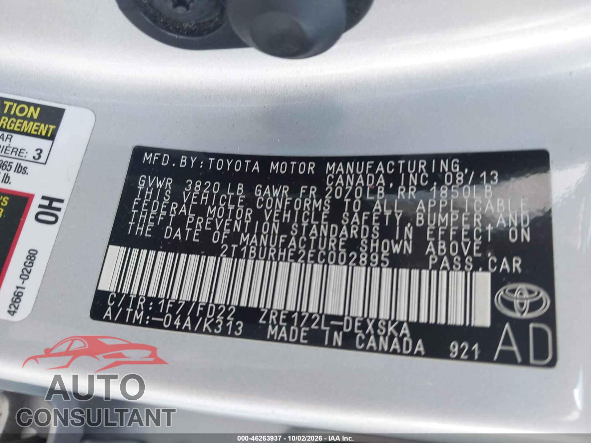 TOYOTA COROLLA 2014 - 2T1BURHE2EC002895
