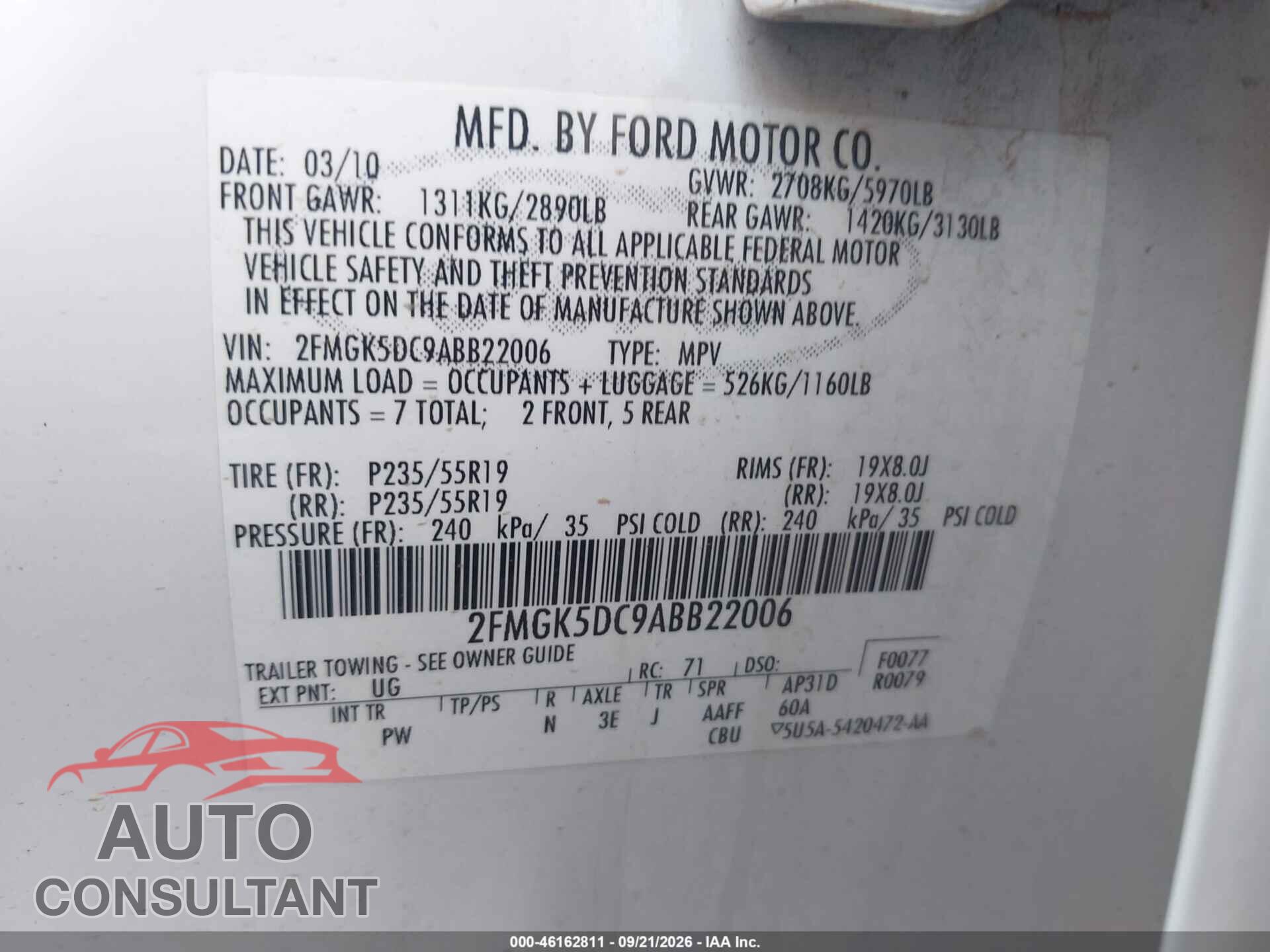 FORD FLEX 2010 - 2FMGK5DC9ABB22006
