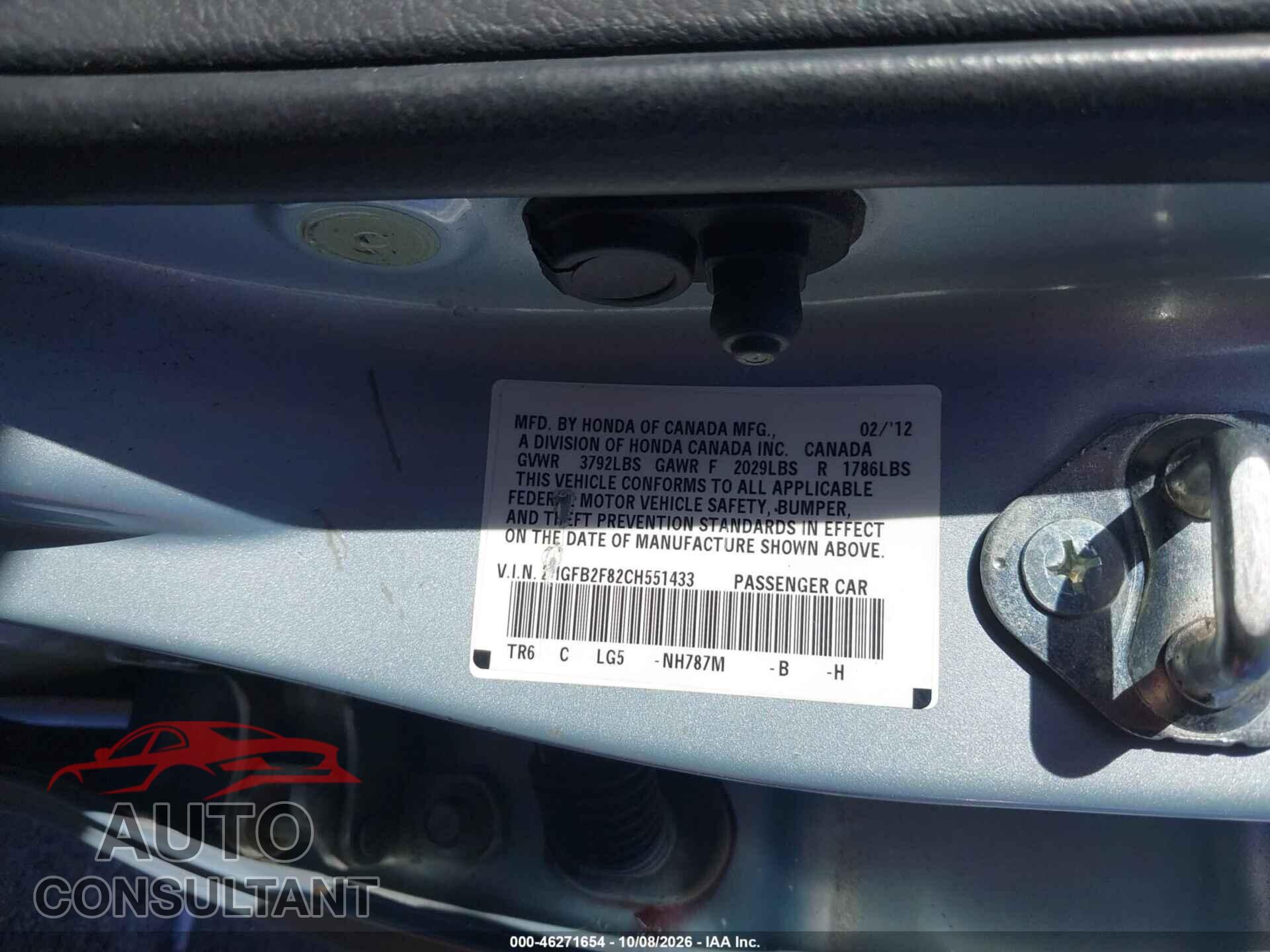 HONDA CIVIC 2012 - 2HGFB2F82CH551433
