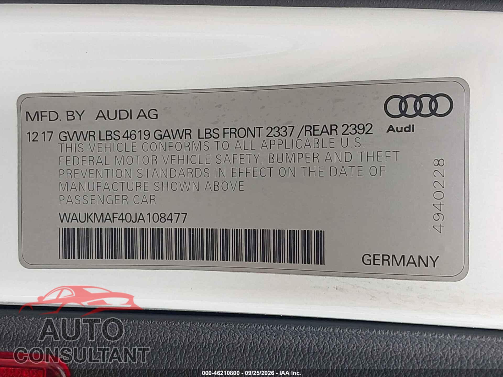 AUDI A4 2018 - WAUKMAF40JA108477